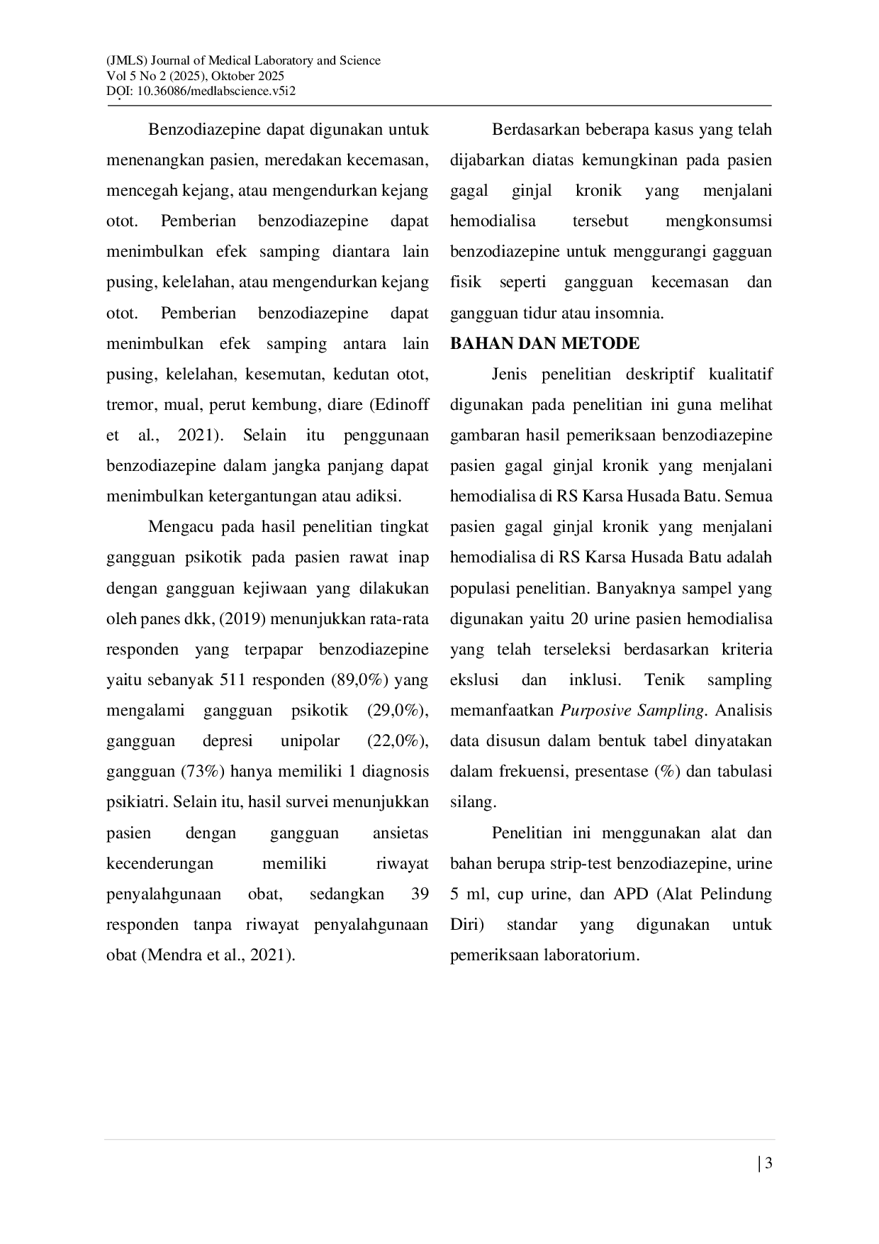 JURIS Gambaran Hasil Pemeriksaan Benzodiazepine Pada Pasien Gagal Ginjal Kronik Yang Menjalani Hemodialisa Di RS Karsa Husada Batu