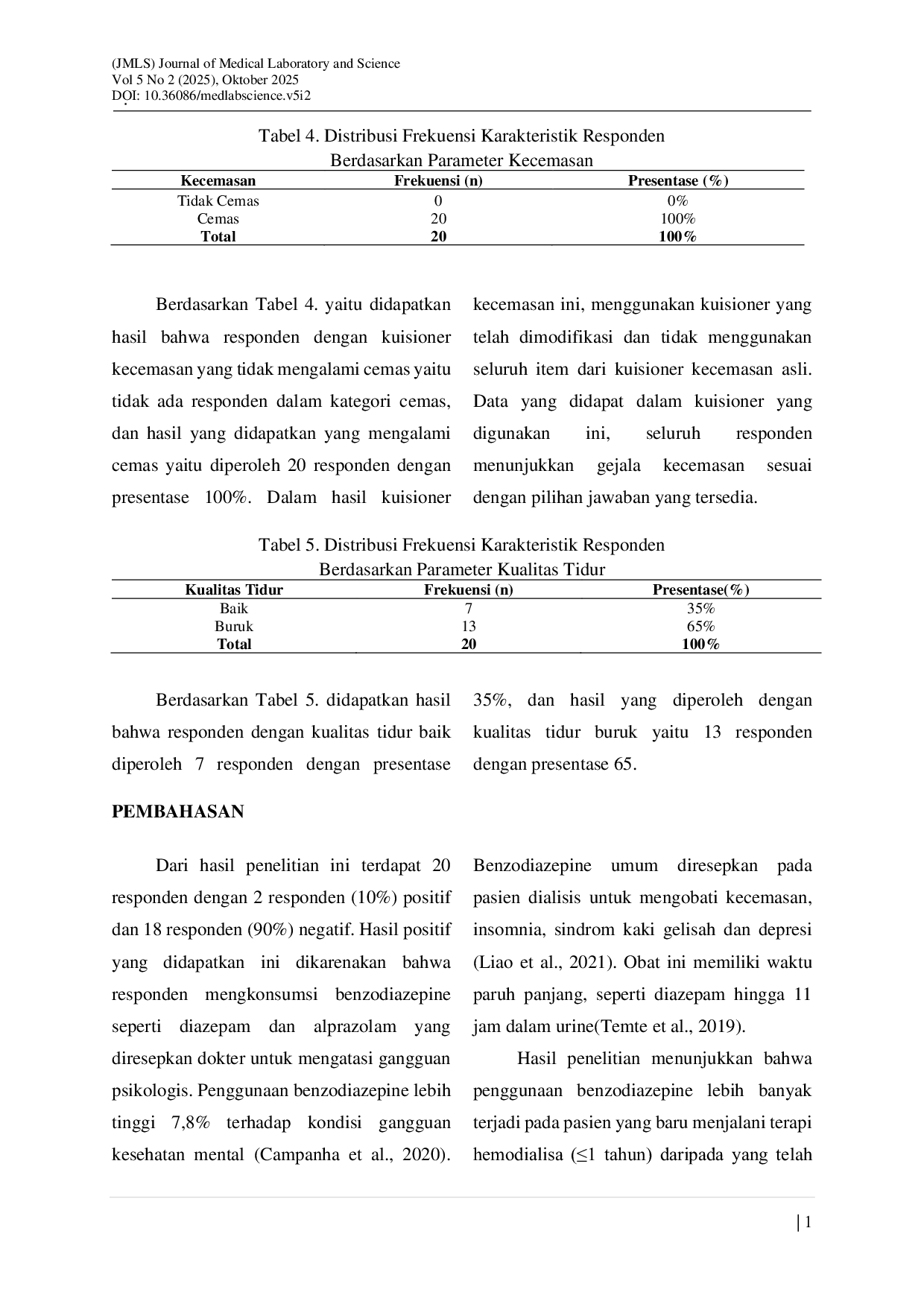 JURIS Gambaran Hasil Pemeriksaan Benzodiazepine Pada Pasien Gagal Ginjal Kronik Yang Menjalani Hemodialisa Di RS Karsa Husada Batu