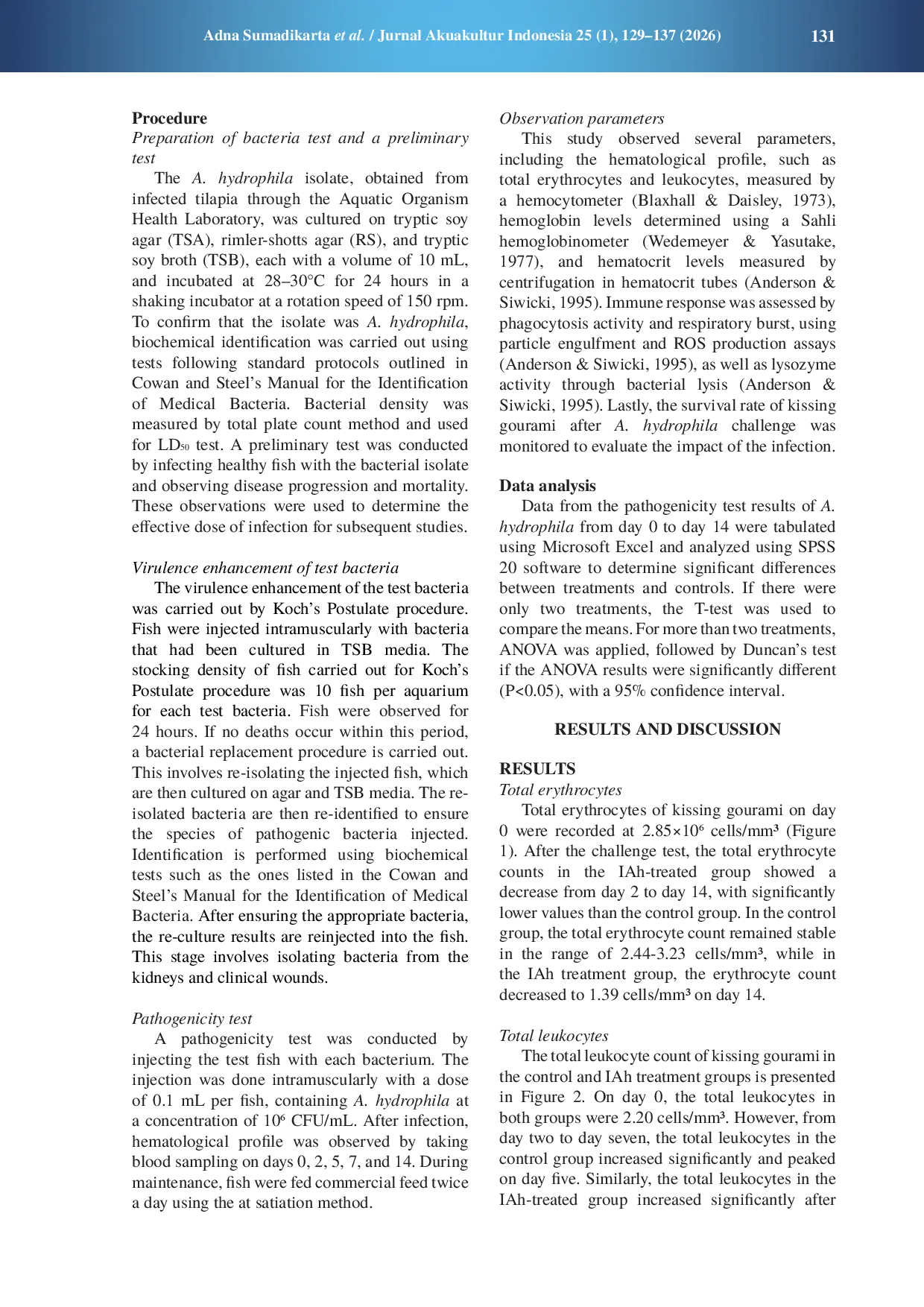 JURIS Hematology profile of kissing gourami Helostoma temminckii infected with Aeromonas hydrophila bacteria