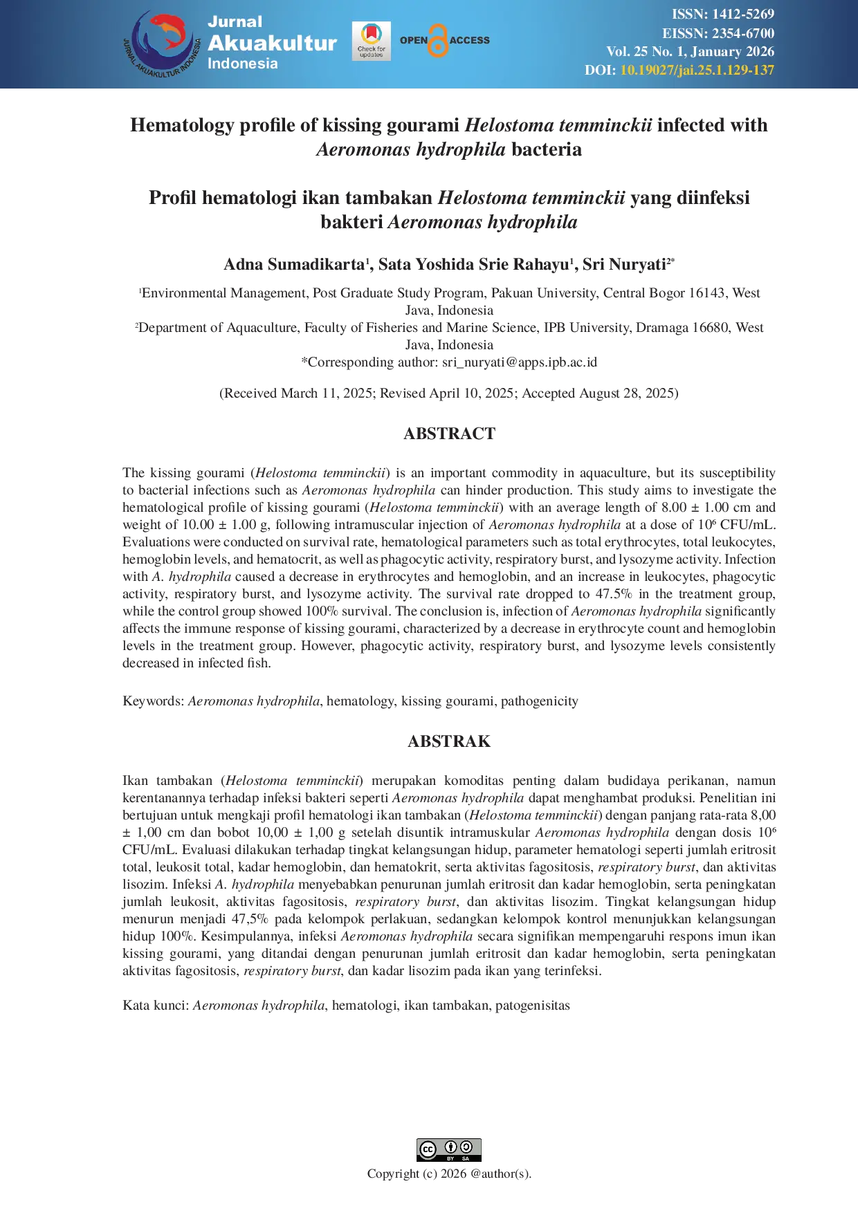 JURIS Hematology profile of kissing gourami Helostoma temminckii infected with Aeromonas hydrophila bacteria