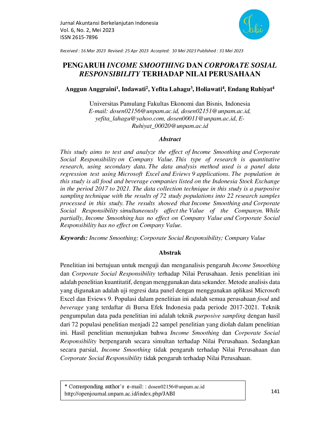 juris Pengaruh Income Smoothing dan Corporate Sosial Responsibility terhadap Nilai Perusahaan