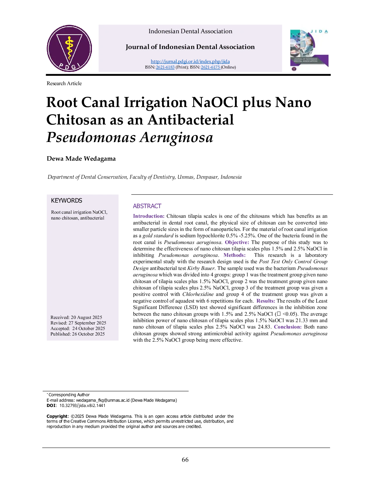 JURIS Root Canal Irrigation NaOCl plus Nano Chitosan as an Antibacterial Pseudomonas Aeruginosa