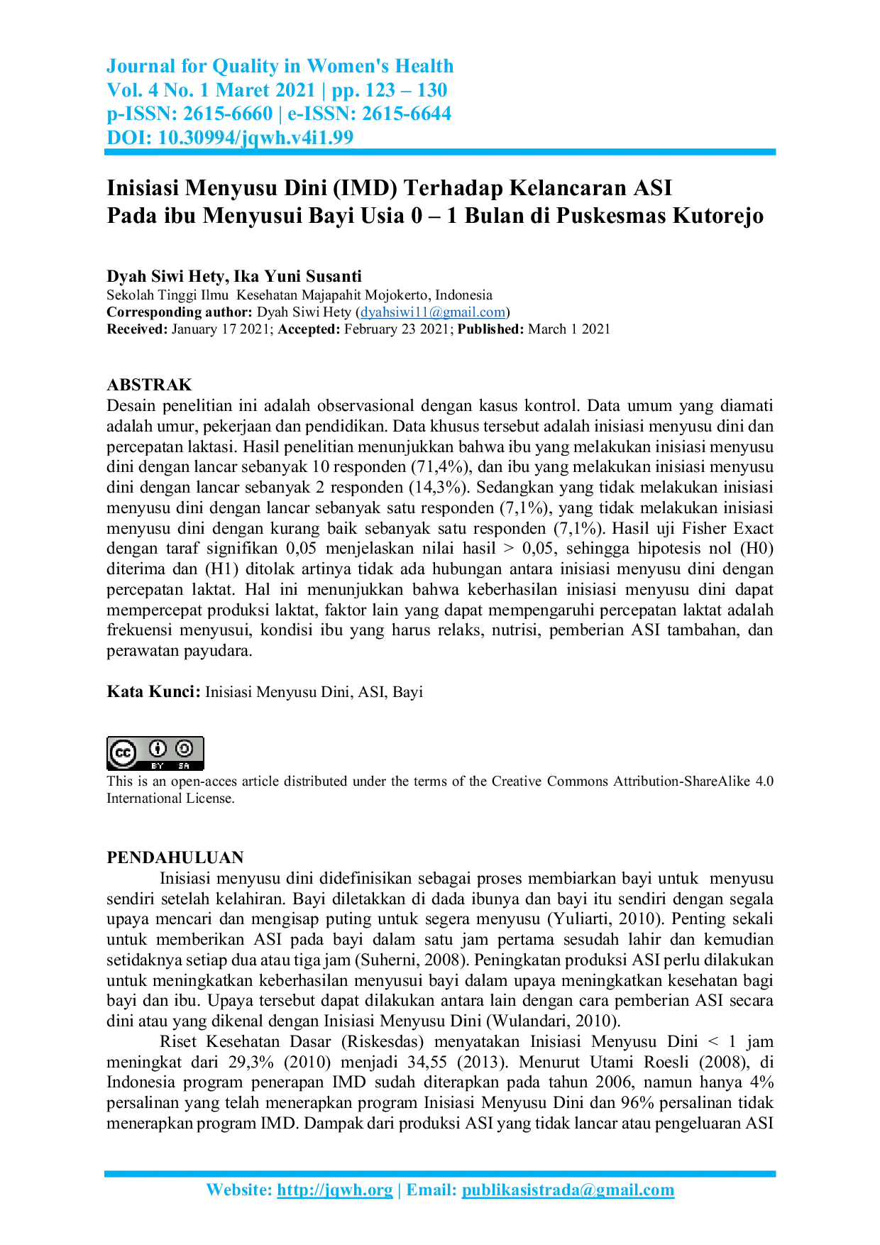 JURIS Inisiasi Menyusu Dini IMD Terhadap Kelancaran ASI Pada ibu Menyusui Bayi Usia 0 1 Bulan di Puskesmas Kutorejo