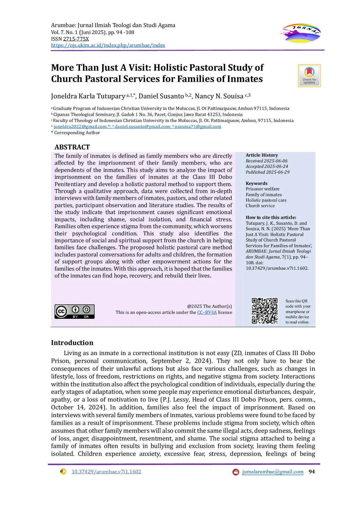 JURIS More Than Just A Visit Holistic Pastoral Study of Church Pastoral Services for Families of Inmates