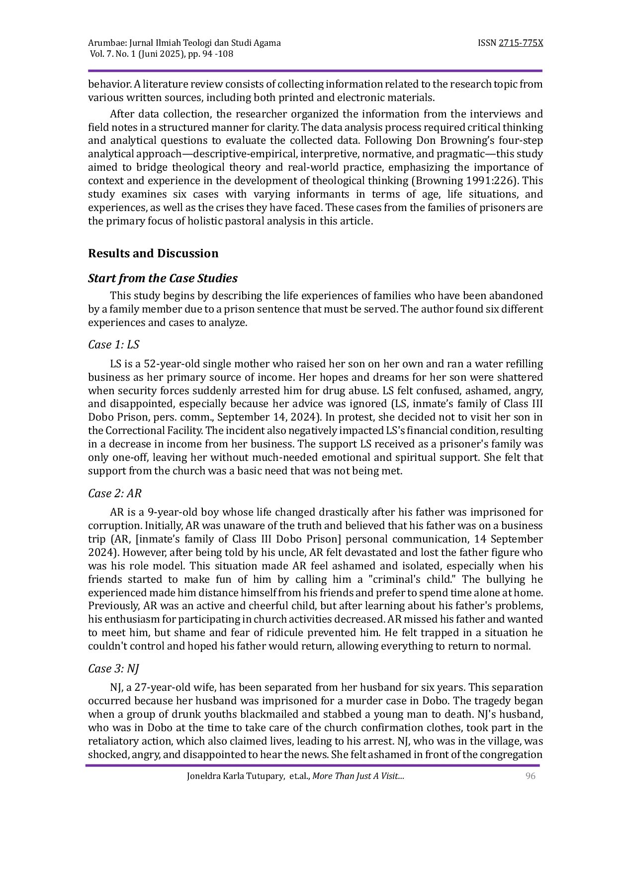 JURIS More Than Just A Visit Holistic Pastoral Study of Church Pastoral Services for Families of Inmates