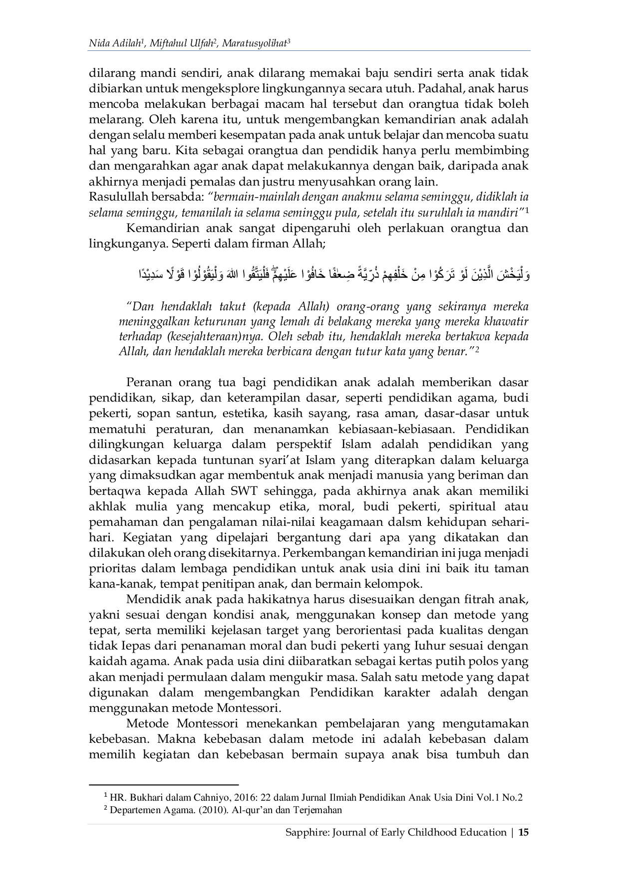 JURIS Metode Montessori Untuk Mengembangkan Karakter Kemandirian Anak Usia Dini Dalam Perspektif Islam