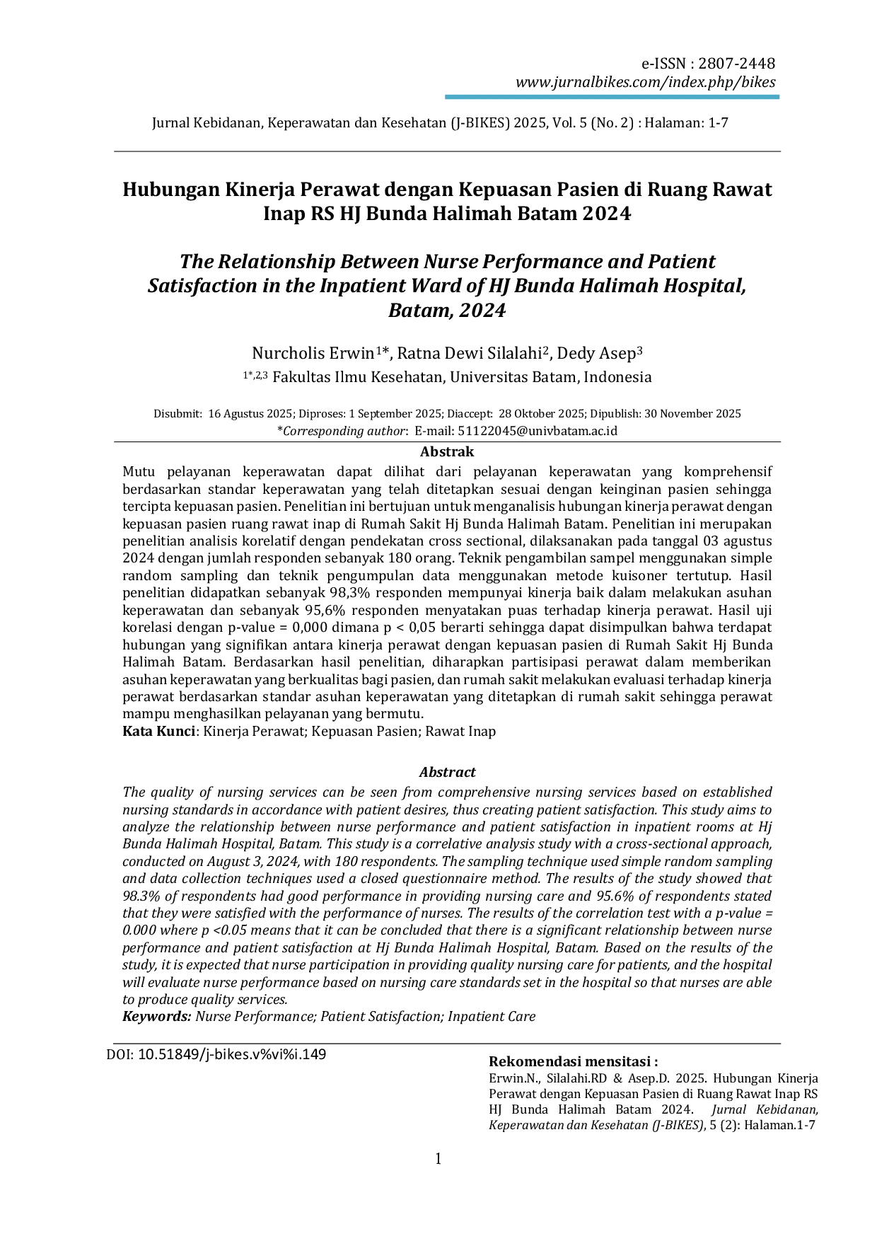 JURIS Hubungan Kinerja Perawat dengan Kepuasan Pasien di Ruang Rawat Inap RS HJ Bunda Halimah Batam 2024