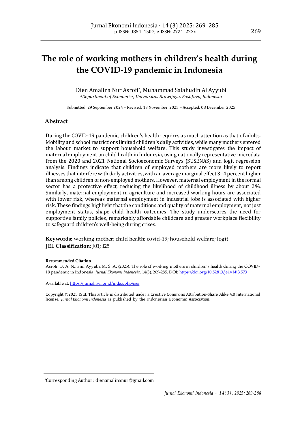 JURIS The role of working mothers in children s health during the covid 19 pandemic in Indonesia