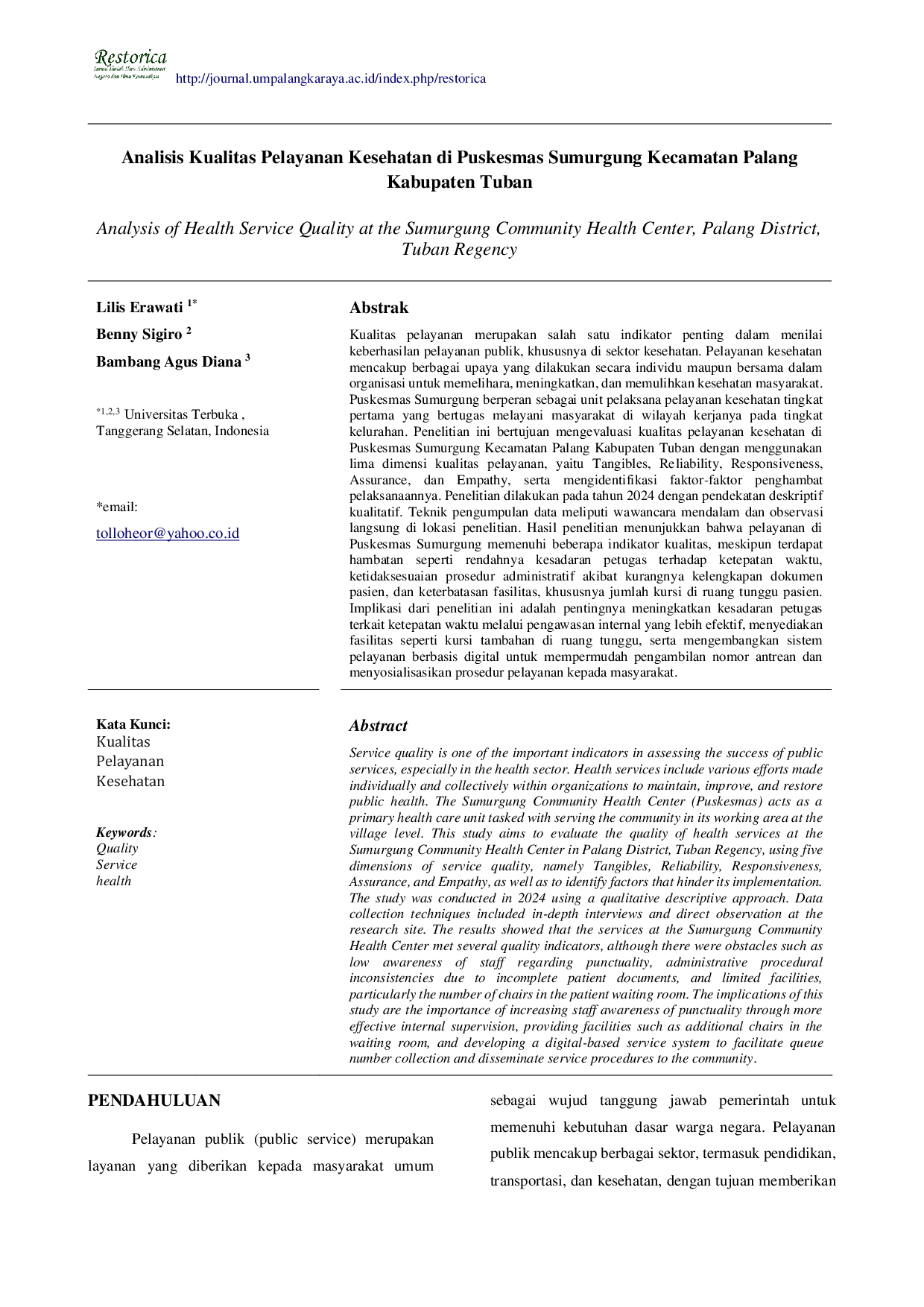 JURIS Analisis Kualitas Pelayanan Kesehatan di Puskesmas Sumurgung Kecamatan Palang Kabupaten Tuban