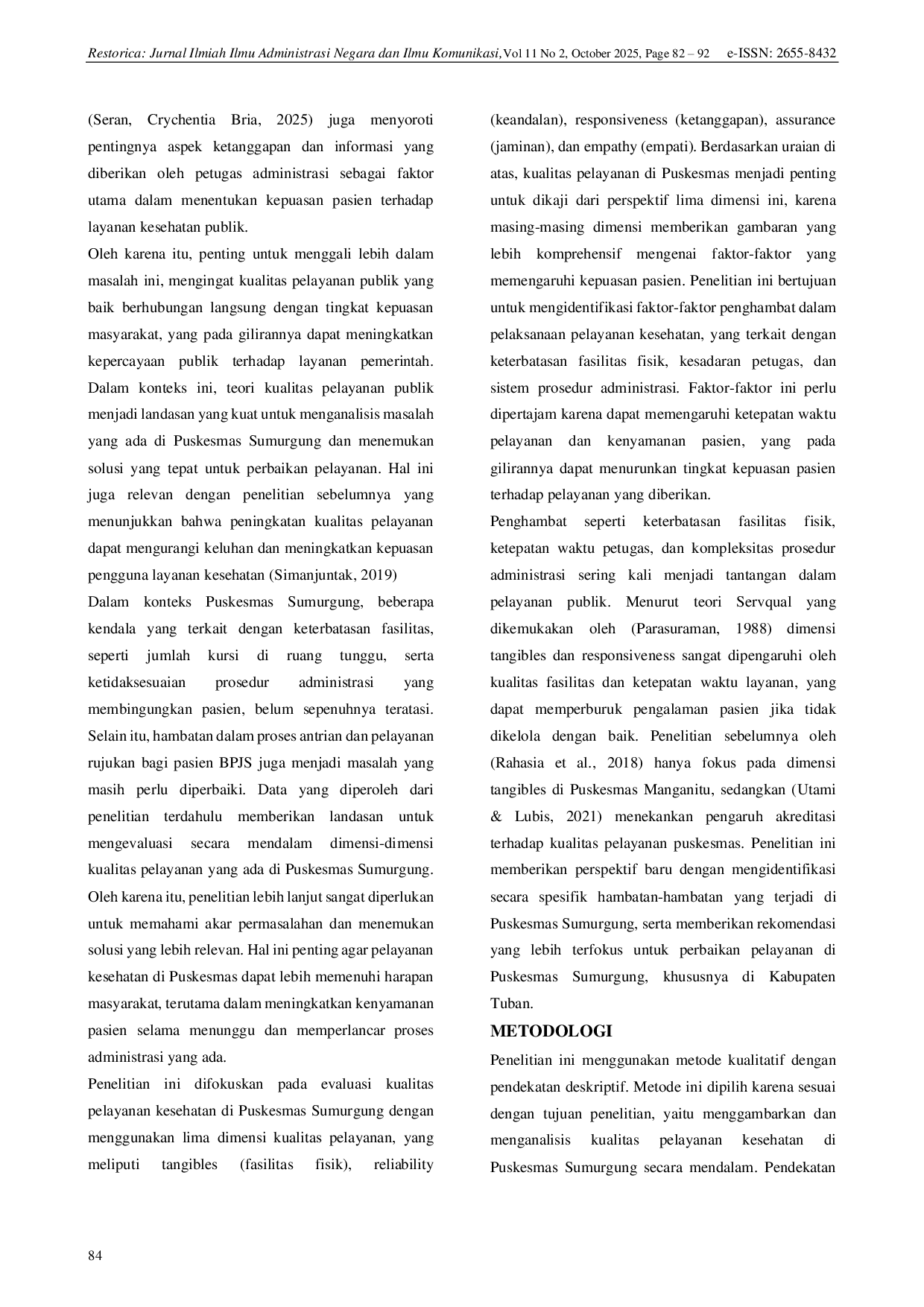 JURIS Analisis Kualitas Pelayanan Kesehatan di Puskesmas Sumurgung Kecamatan Palang Kabupaten Tuban