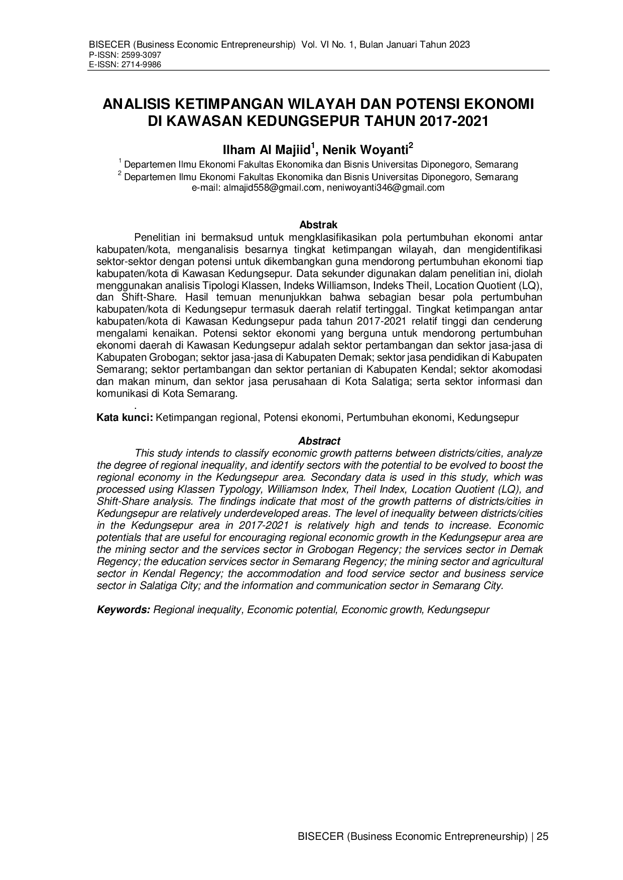 JURIS Analisis Ketimpangan Wilayah dan Potensi Ekonomi di Kawasan Kedungsepur Tahun 2017 2021