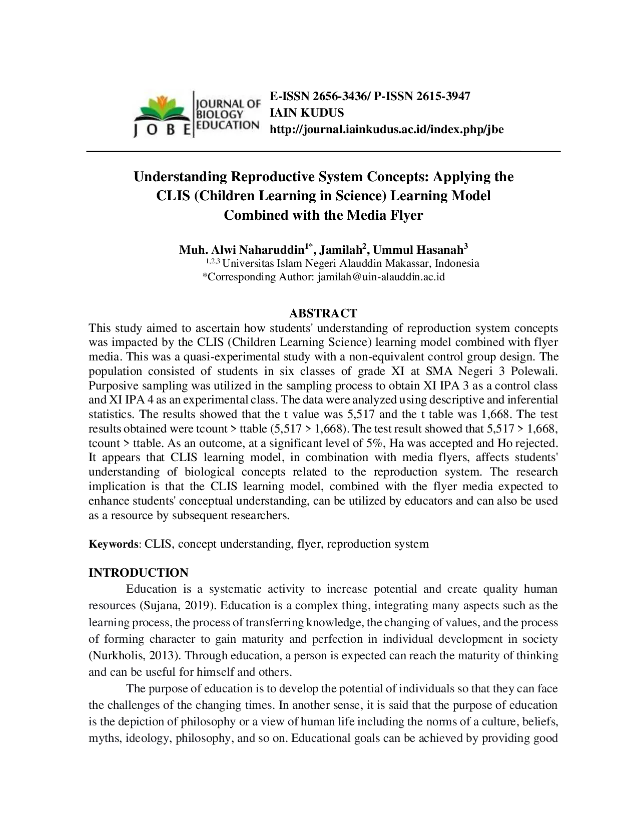 JURIS Understanding Reproductive System Concepts Applying the CLIS Children Learning in Science Learning Model Combined with the Media Flyer