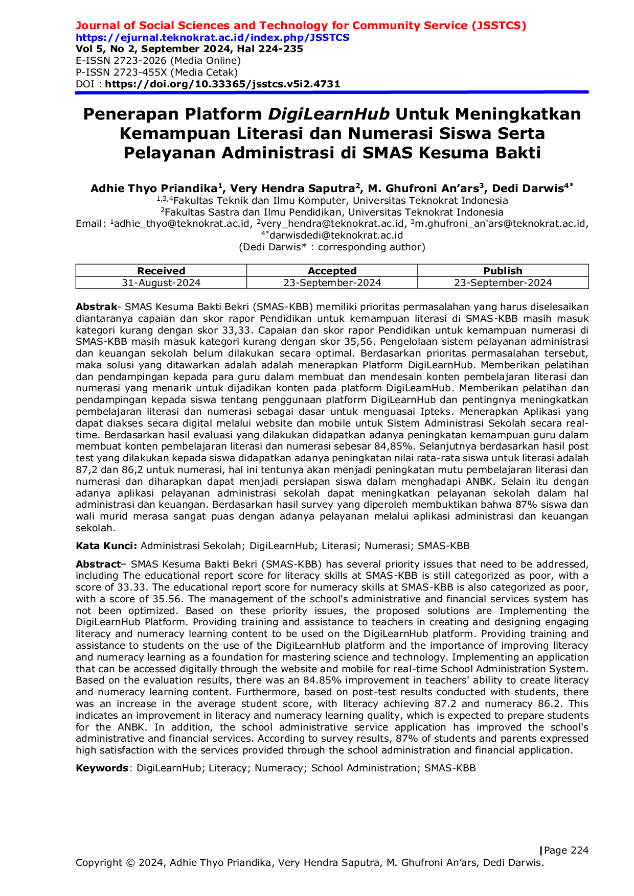 JURIS Penerapan Platform DigiLearnHub Untuk Meningkatkan Kemampuan Literasi dan Numerasi Siswa Serta Pelayanan Administrasi di SMAS Kesuma Bakti