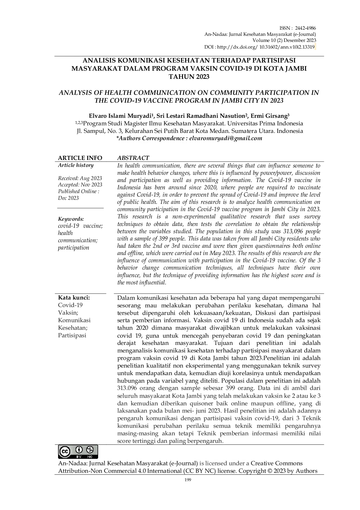 JURIS Analisis Komunikasi Kesehatan Terhadap Partisipasi Masyarakat Dalam Program Vaksin Covid 19 Di Kota Jambi Tahun 2023