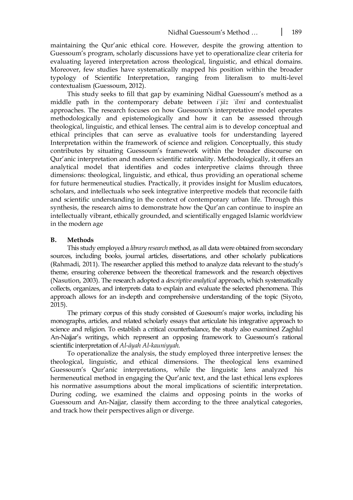 JURIS Nidhal Guessoum s Method of Scientific Interpretation An Analytical Study on Al Ayah Al Kauniyyah and Its Relevance to the Contemporary Urban Muslim Society