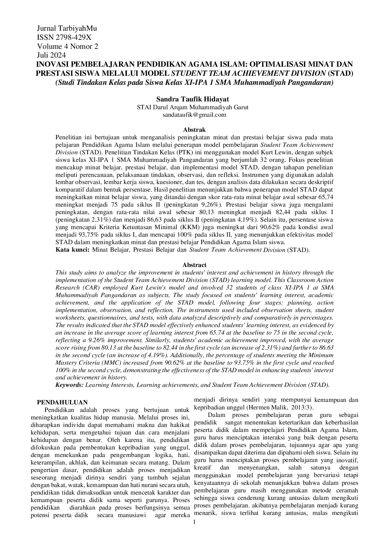 JURIS INOVASI PEMBELAJARAN PENDIDIKAN AGAMA ISLAM OPTIMALISASI MINAT DAN PRESTASI SISWA MELALUI MODEL STUDENT TEAM ACHIEVEMENT DIVISION STAD Studi Tindakan Kelas pada Siswa Kelas XI IPA 1 SMA Muhammad