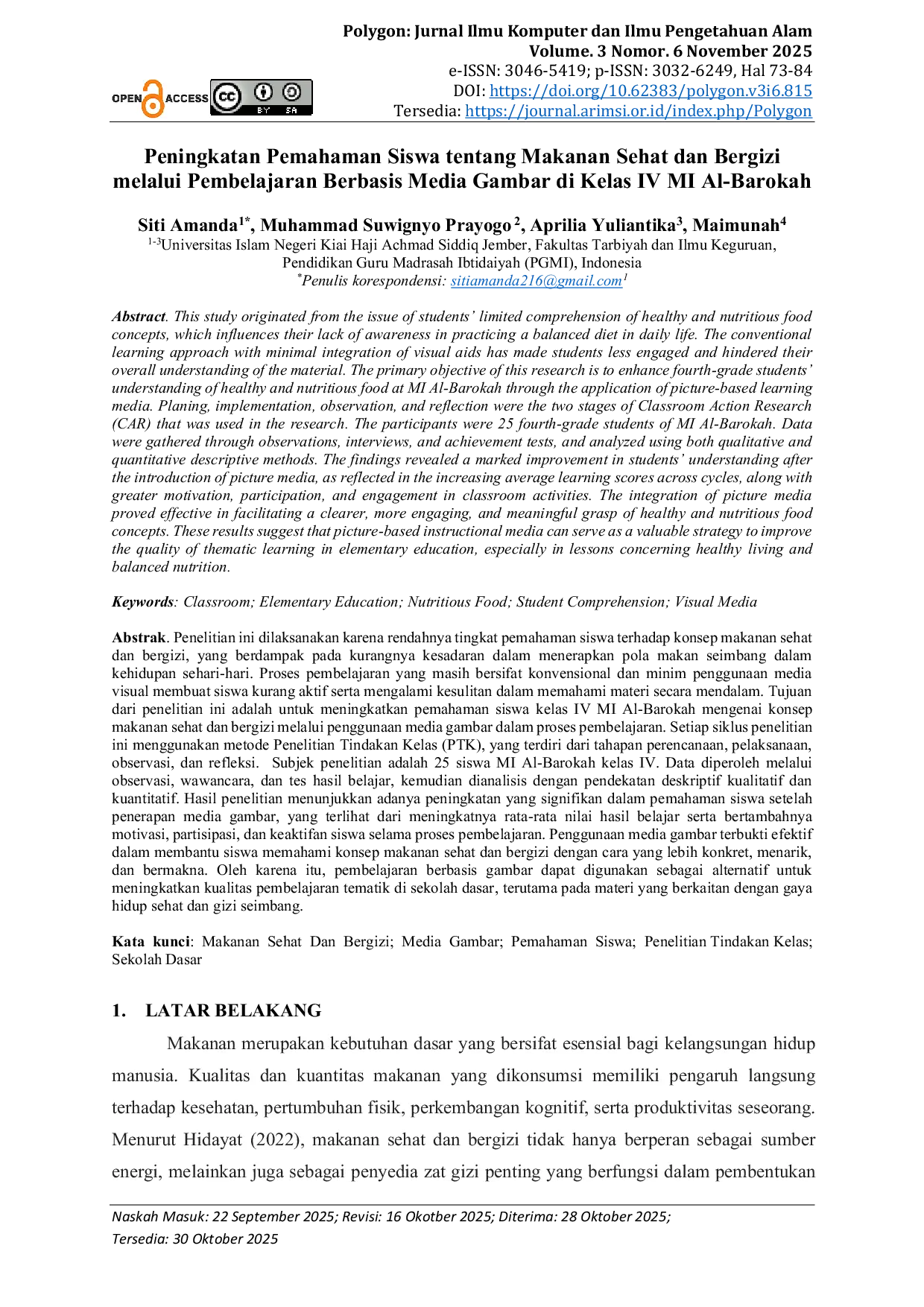 JURIS Peningkatan Pemahaman Siswa tentang Makanan Sehat dan Bergizi melalui Pembelajaran Berbasis Media Gambar di Kelas IV MI Al Barokah