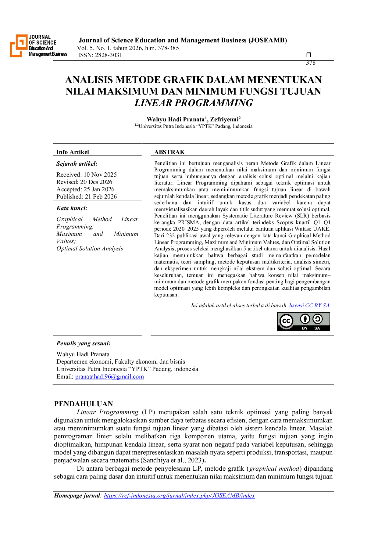 JURIS Analisis Metode Grafik dalam Menentukan Nilai Maksimum dan Minimum Fungsi Tujuan Linear Programming
