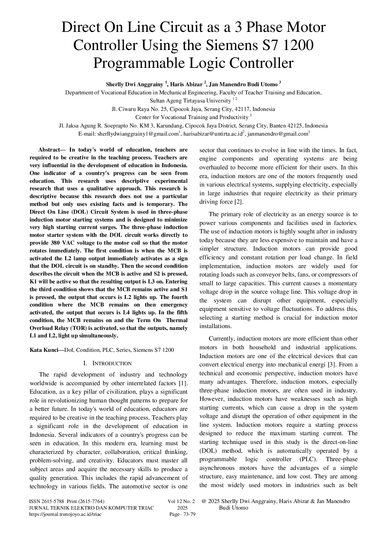 JURIS Direct On Line Circuit as a 3 Phase Motor Controller Using the Siemens S7 1200 Programmable Logic Controller
