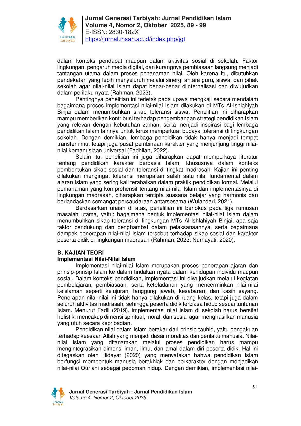 JURIS Implementasi Nilai Nilai Islam dalam Menumbuhkan Sikap Toleransi di Lingkungan MTs Al Ishlahiyah Binjai
