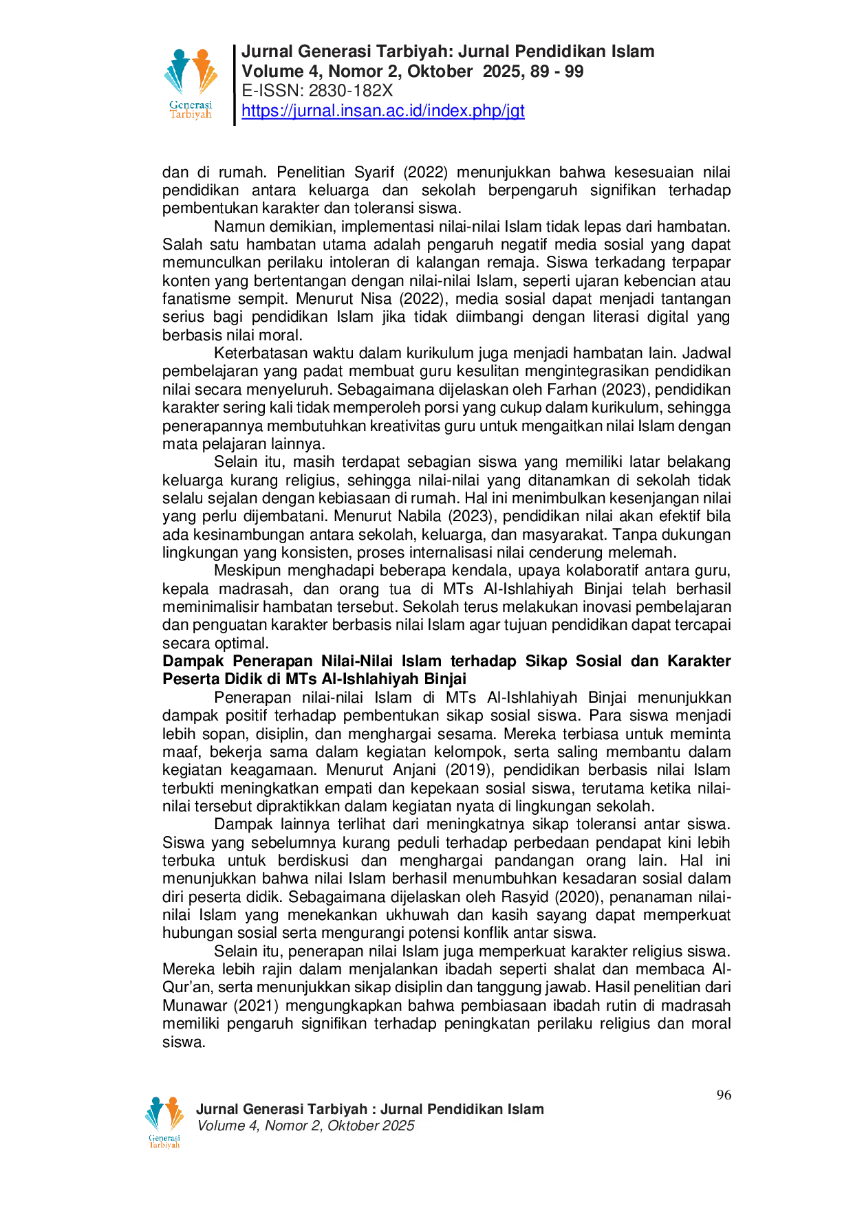 JURIS Implementasi Nilai Nilai Islam dalam Menumbuhkan Sikap Toleransi di Lingkungan MTs Al Ishlahiyah Binjai