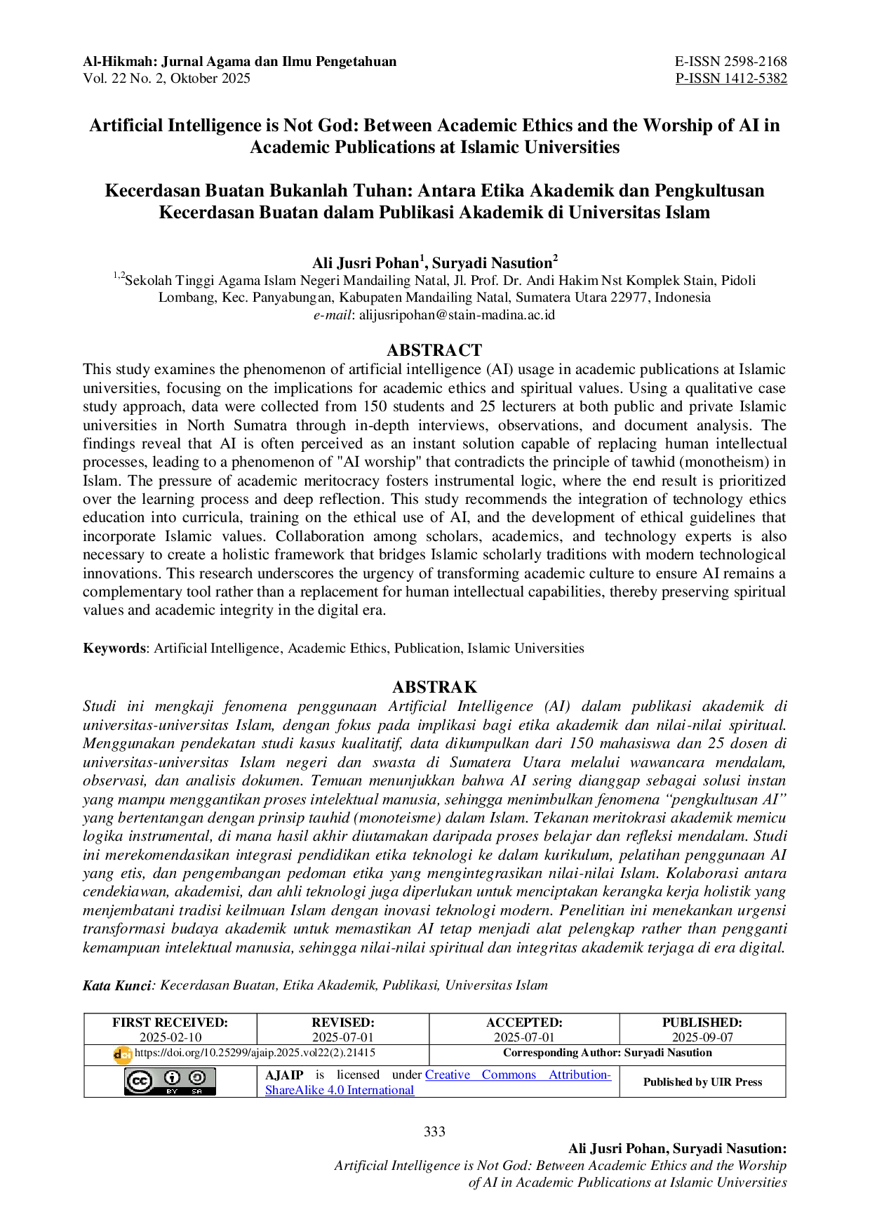 JURIS Artificial Intelligence is Not God Between Academic Ethics and the Worship of AI in Academic Publications at Islamic Universities
