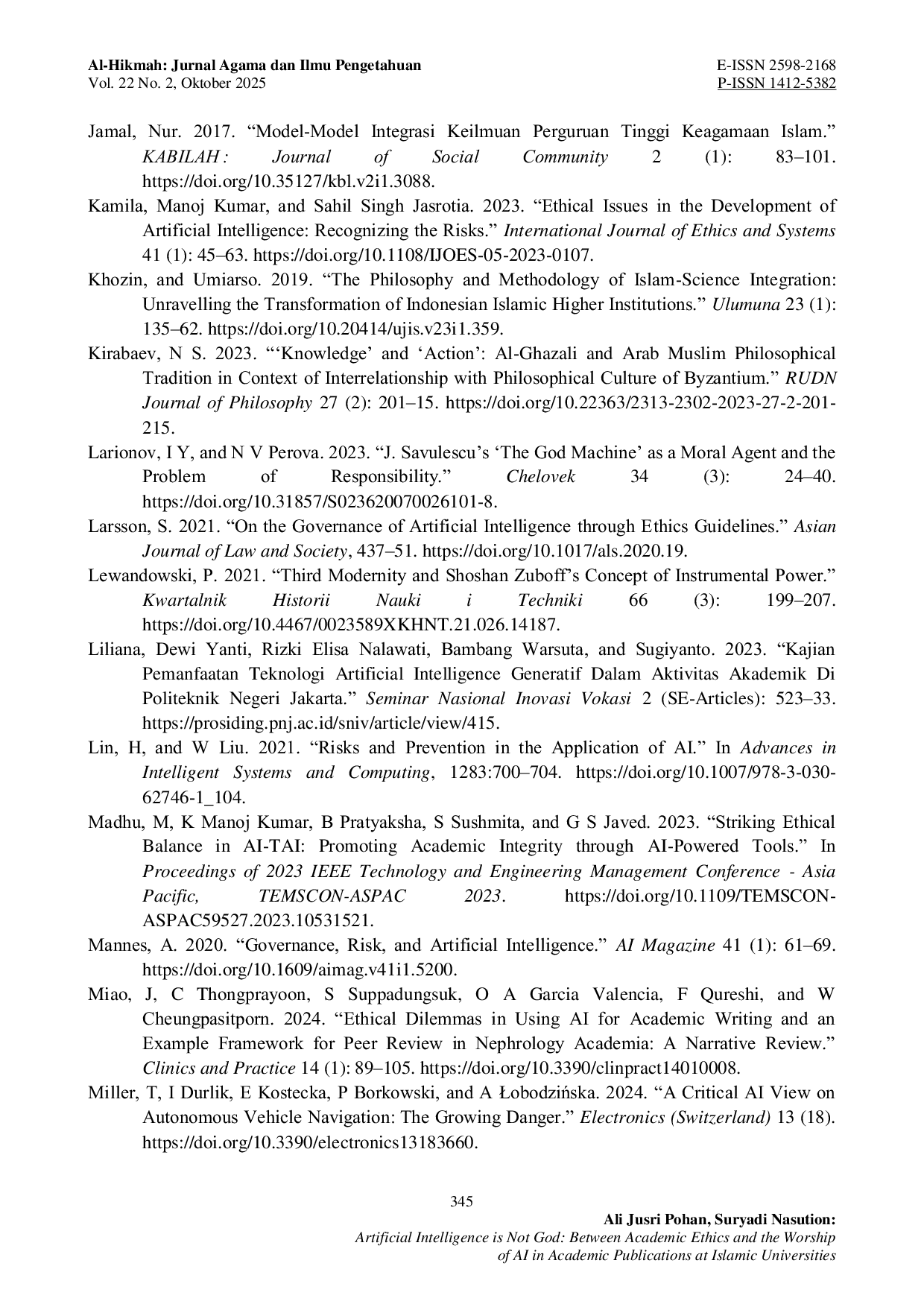 JURIS Artificial Intelligence is Not God Between Academic Ethics and the Worship of AI in Academic Publications at Islamic Universities