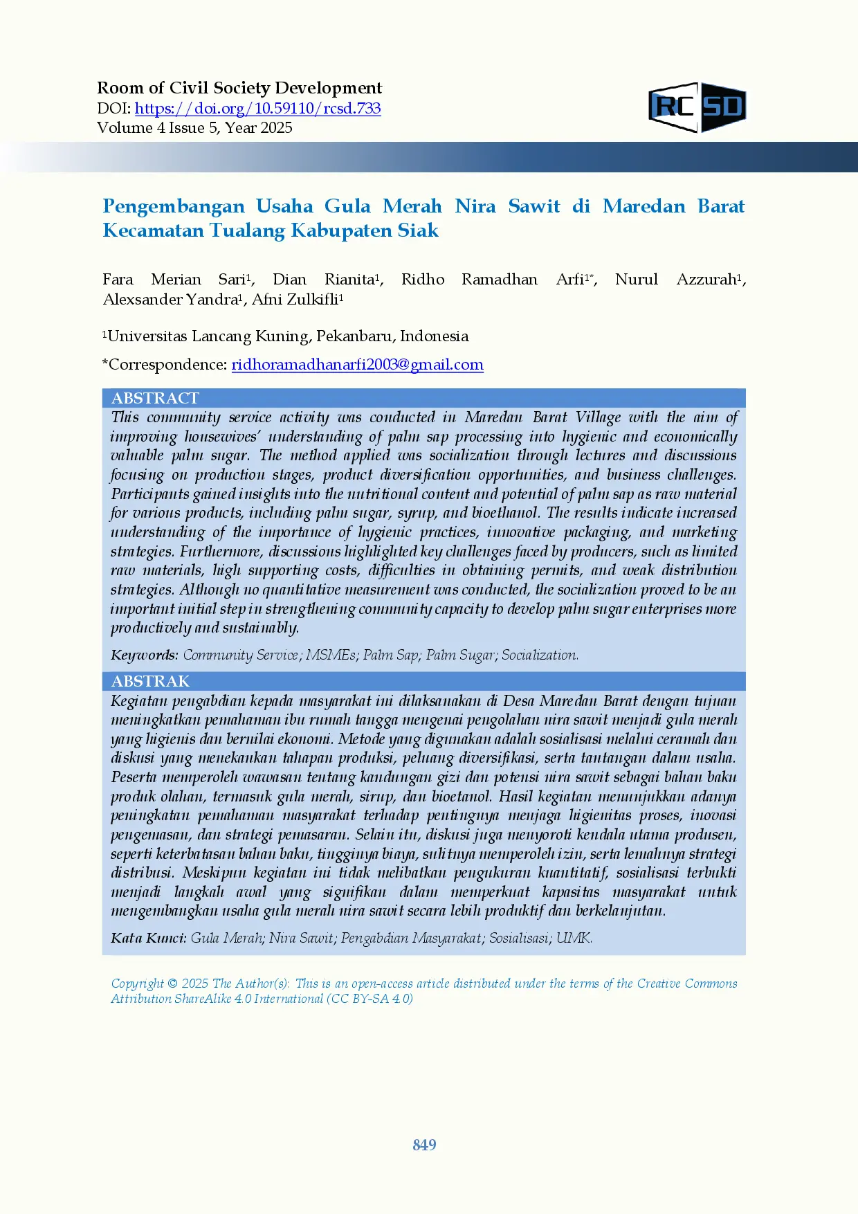 juris Pengembangan Usaha Gula Merah Nira Sawit di Maredan Barat Kecamatan Tualang Kabupaten Siak