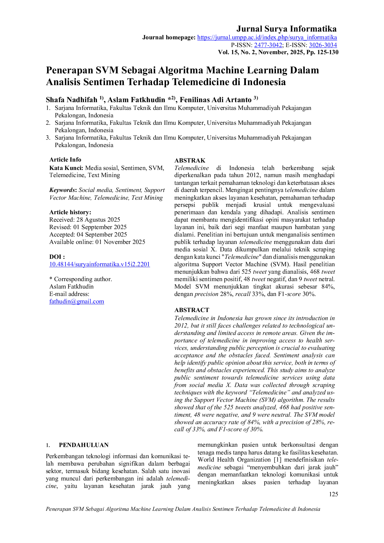 JURIS Penerapan SVM Sebagai Algoritma Machine Learning Dalam Analisis Sentimen Terhadap Telemedicine di Indonesia