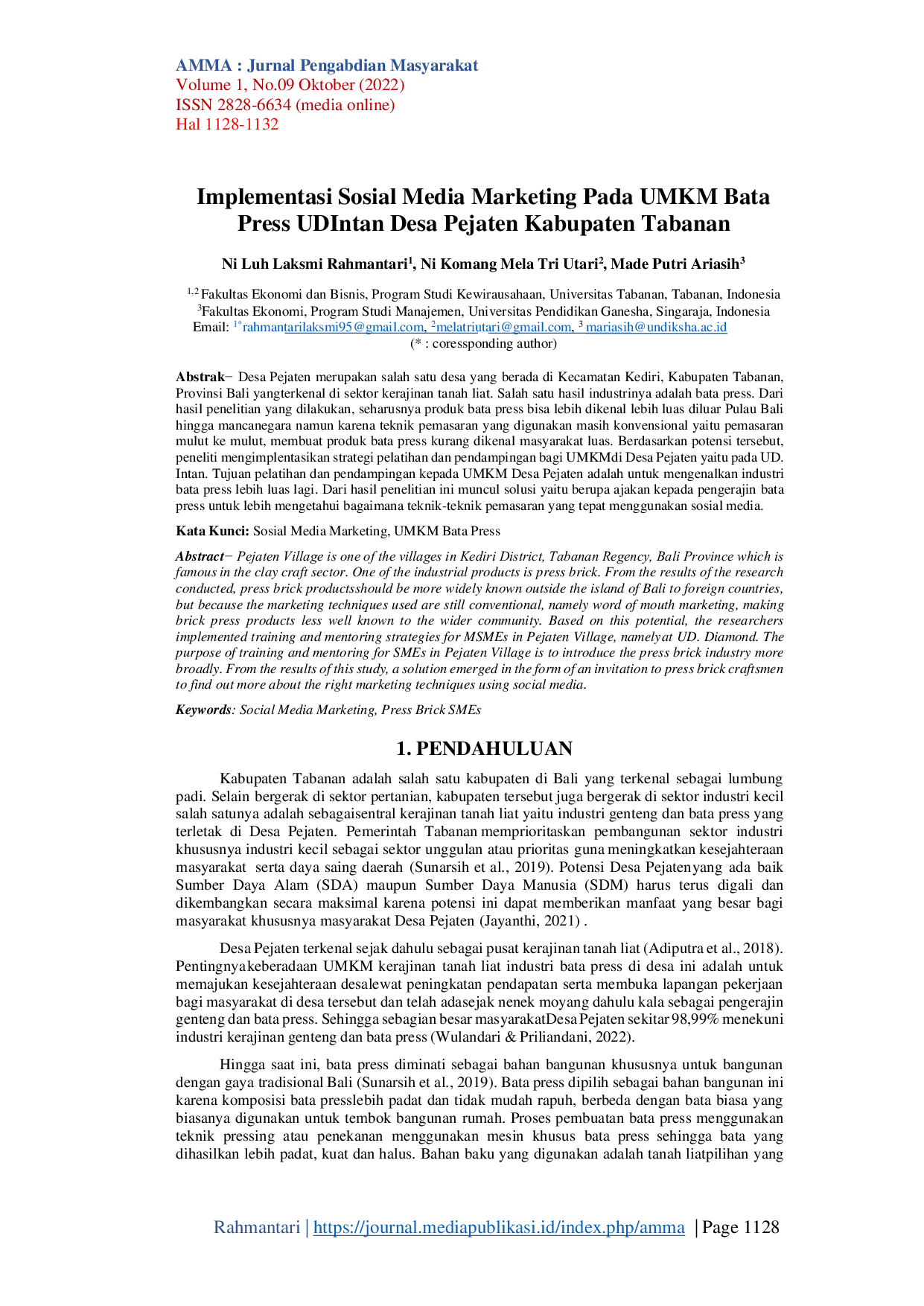 JURIS Implementasi Sosial Media Marketing Pada UMKM Bata Press UD Intan Desa Pejaten Kabupaten Tabanan