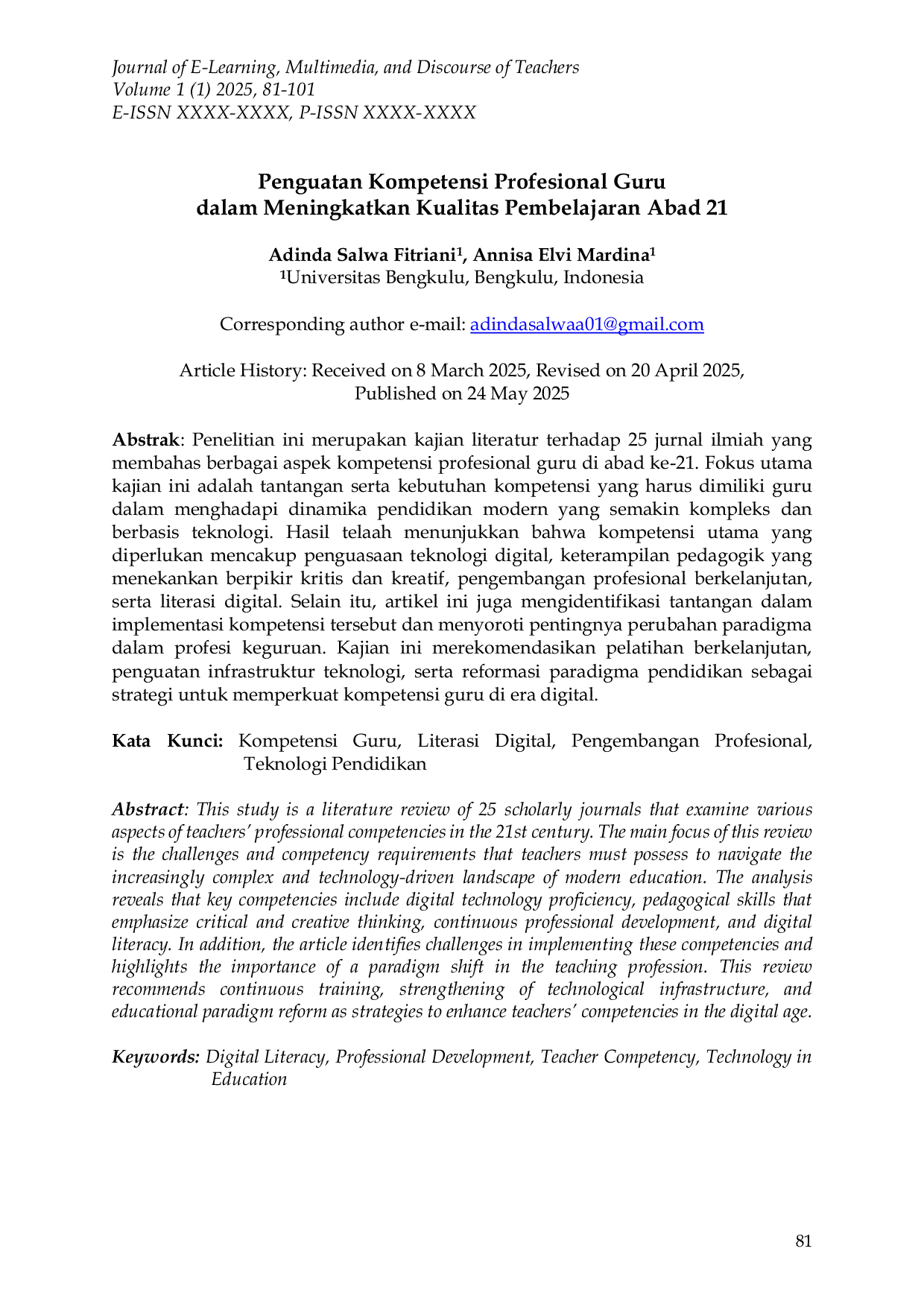 JURIS Penguatan Kompetensi Profesional Guru dalam Meningkatkan Kualitas Pembelajaran Abad 21