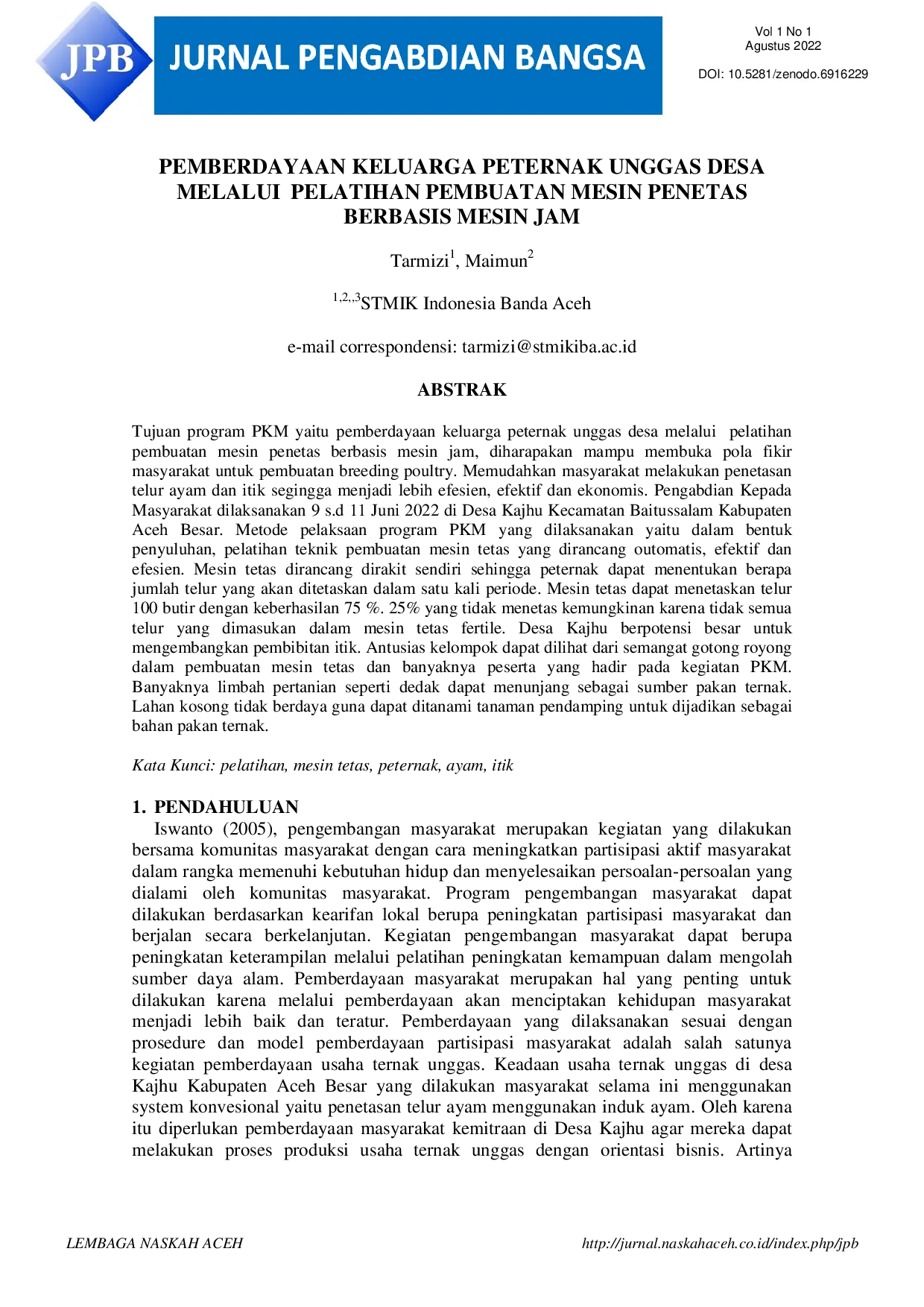 juris Pemberdayaan Keluarga Peternak Unggas Desa Melalui Pelatihan Pembuatan Mesin Penetas Berbasis Mesin Jam