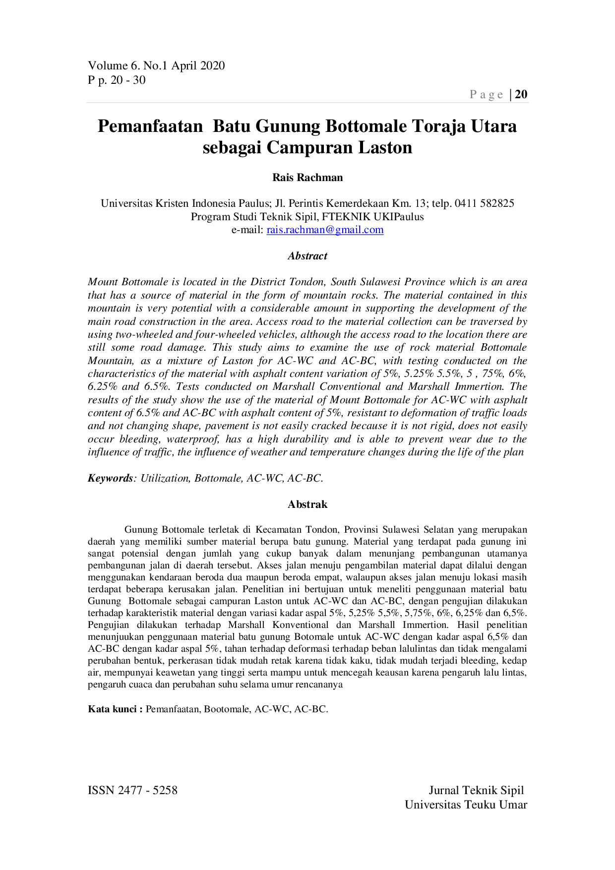 JURIS Pemanfaatan Batu Gunung Bottomale Toraja Utara sebagai Campuran Laston