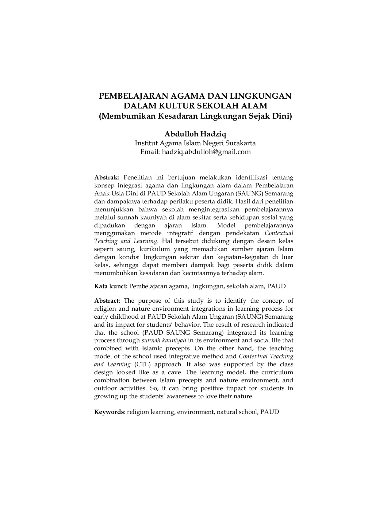 JURIS Pembelajaran Agama dan Lingkungan dalam Budaya Sekolah Alam