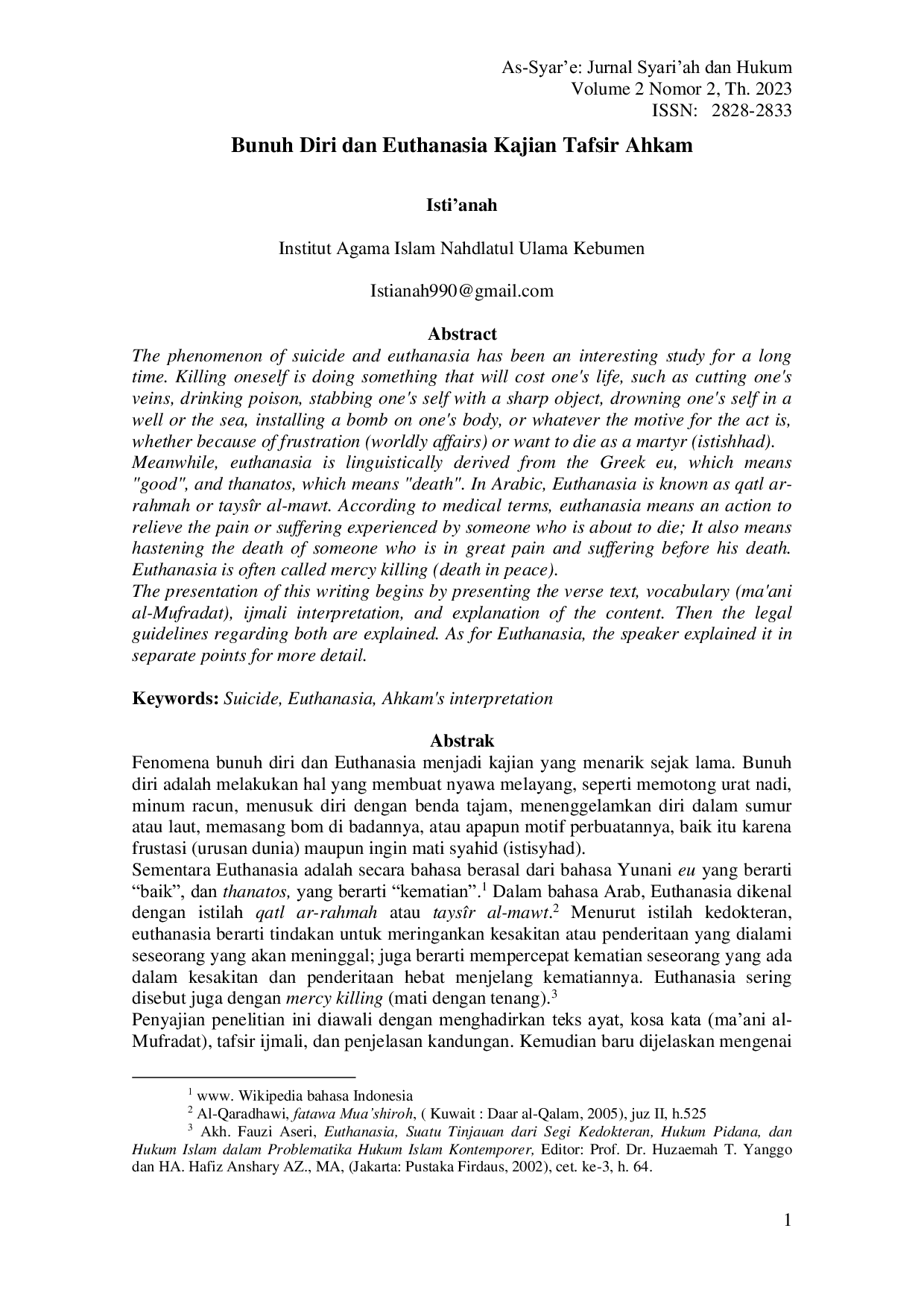 JURIS Bunuh Diri dan Euthanasia Kajian Tafsir Ahkam