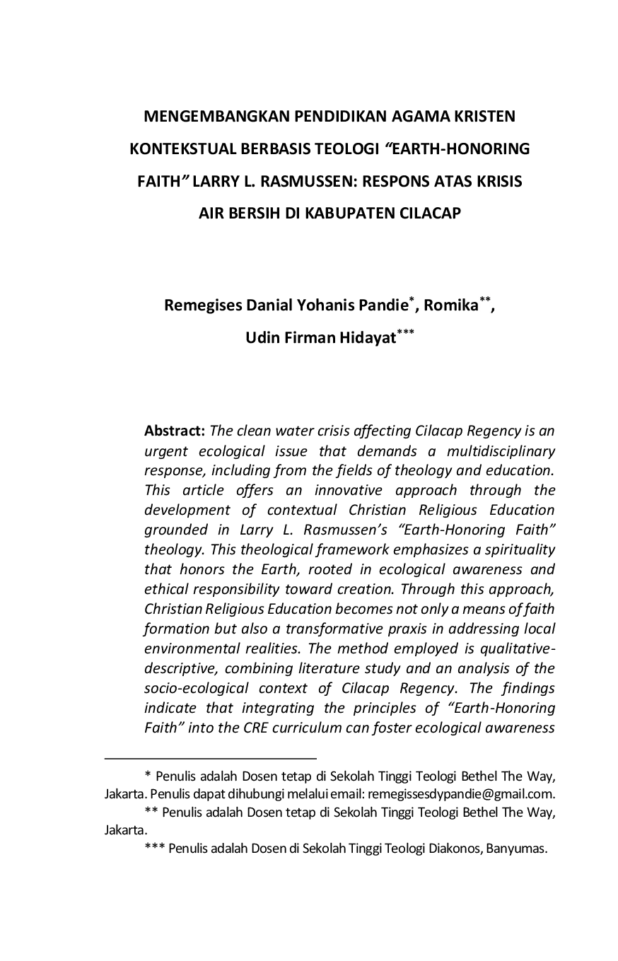 JURIS Mengembangkan Pendidikan Agama Kristen Kontekstual Berbasis Teologi Earth Honoring Faith Larry L Rasmussen Respons Atas Krisis Air Bersih Di Kabupaten Cilacap