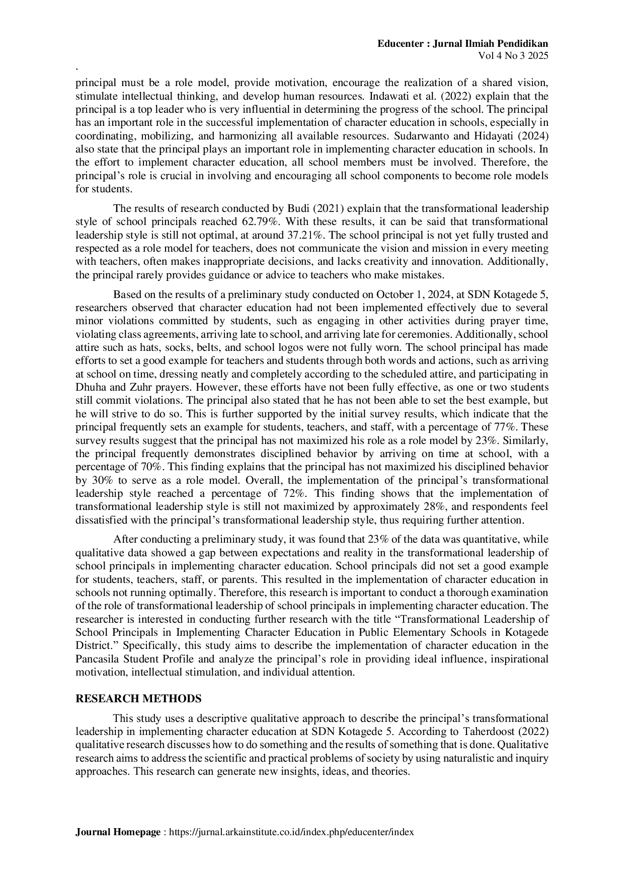 JURIS The role of principal transformational leadership in implementing character education in public Elementary Schools of Kotagede subdistrict