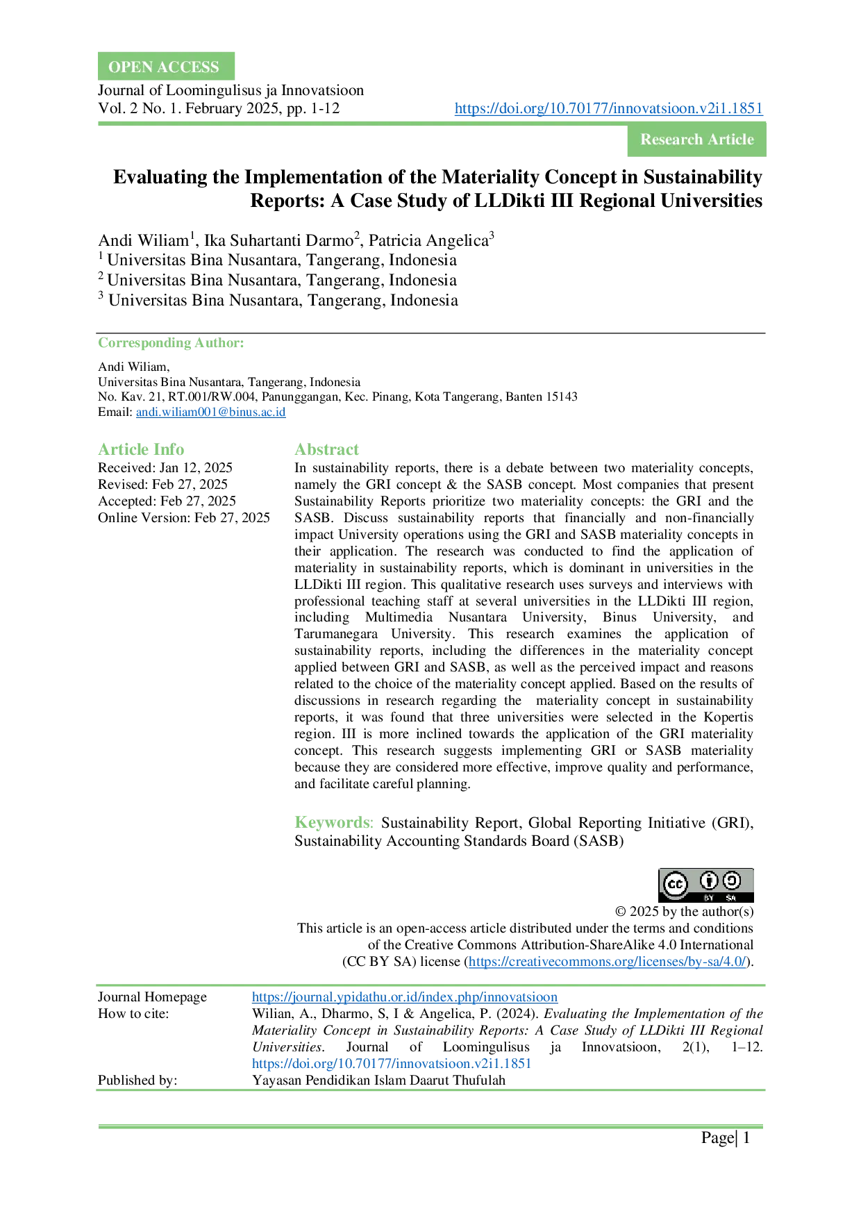 JURIS Evaluating The Implementation Of The Materiality Concept In Sustainability Reports A Case Study Of Lldikti Iii Regional Universities