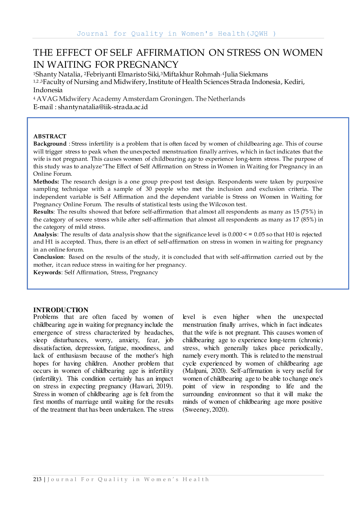JURIS The Effect Of Self Affirmation On Stress On Women In Waiting For Pregnancy