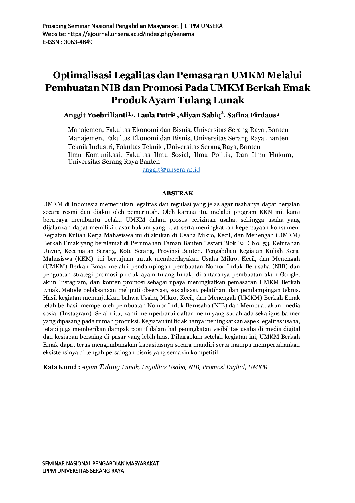 JURIS Optimalisasi Legalitas dan Pemasaran UMKM Melalui Pembuatan NIB dan Promosi Pada UMKM Berkah Emak Produk Ayam Tulang Lunak