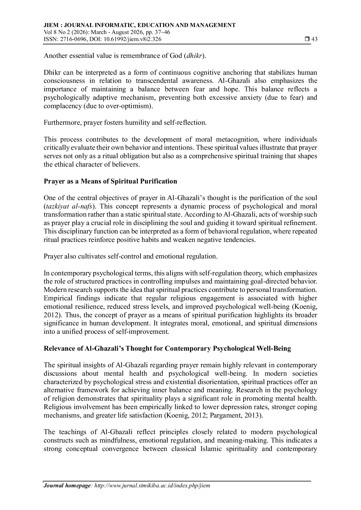 JURIS Spiritual Values of Prayer in Al Ghazali s Thought and Their Relevance to Contemporary Spiritual and Psychological Life