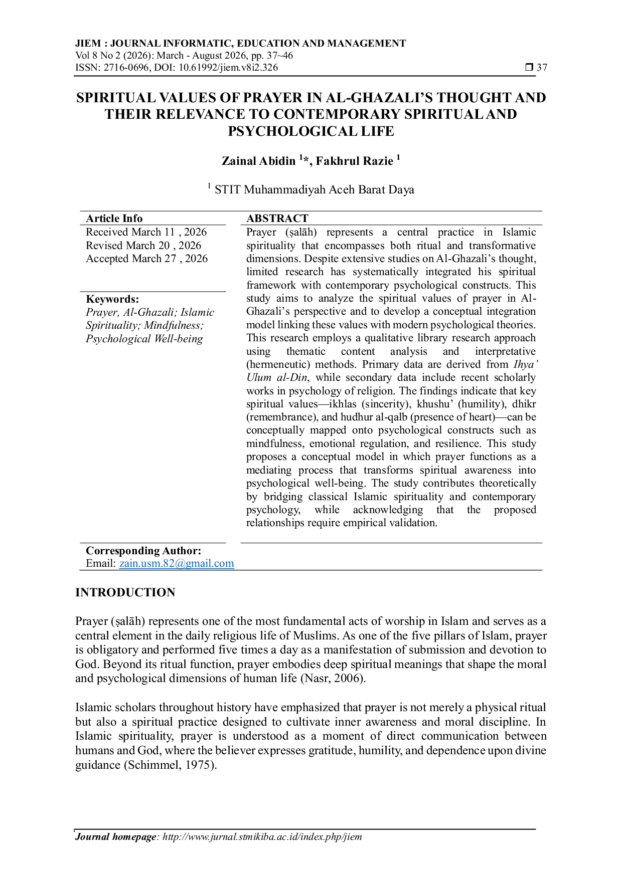 JURIS Spiritual Values of Prayer in Al Ghazali s Thought and Their Relevance to Contemporary Spiritual and Psychological Life