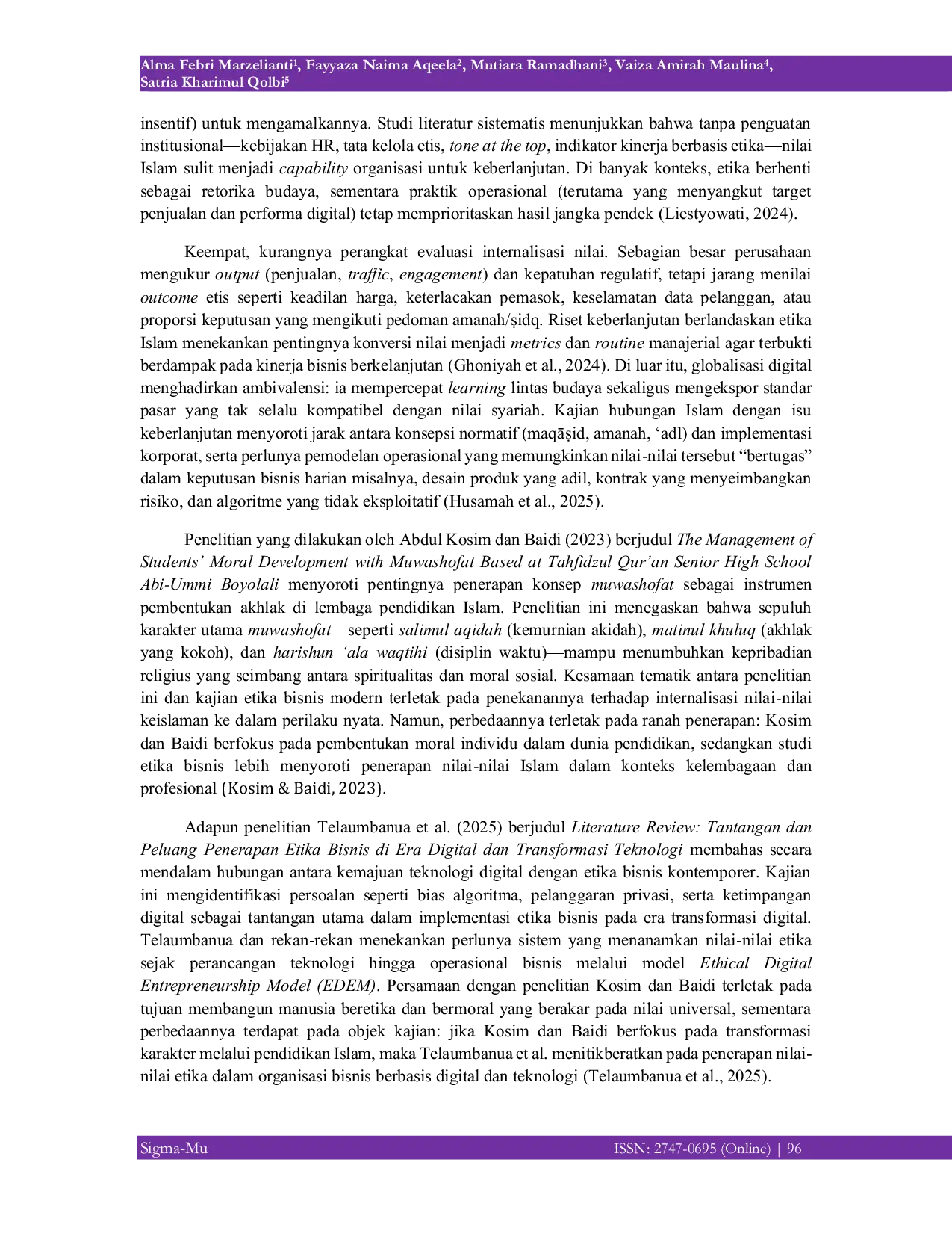 JURIS Internalisasi Nilai nilai Muwashofat Islam sebagai Fondasi Etika Bisnis Berkelanjutan di Era Globalisasi Digital