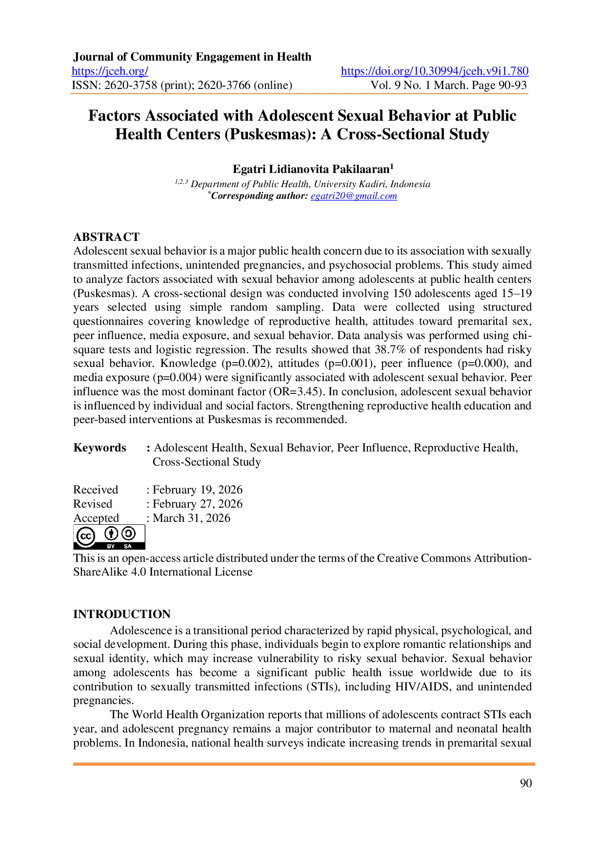 JURIS Factors Associated with Adolescent Sexual Behavior at Public Health Centers Puskesmas A Cross Sectional Study