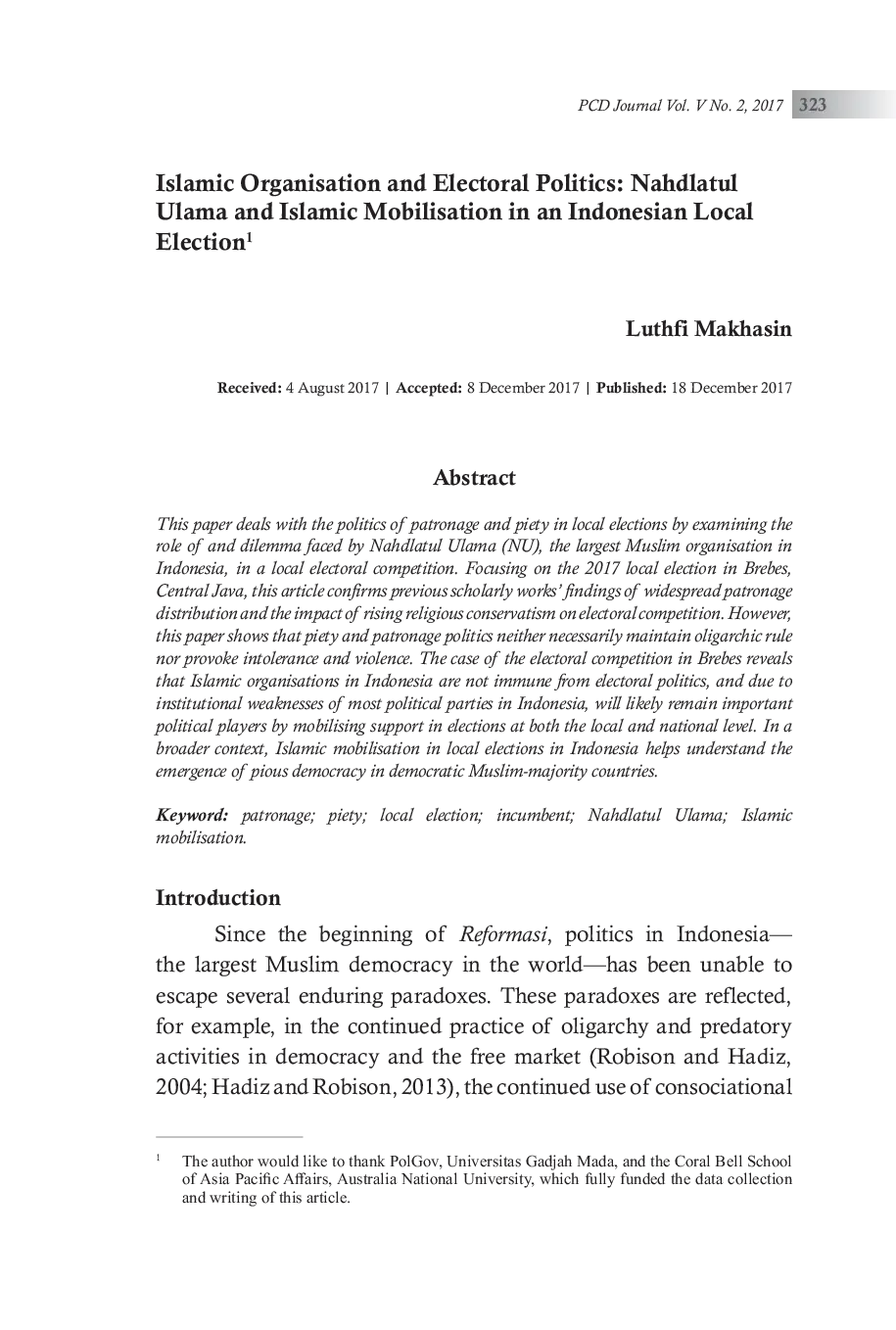 JURIS Islamic Organisation and Electoral Politics Nahdlatul Ulama and Islamic Mobilisation in an Indonesian Local Election