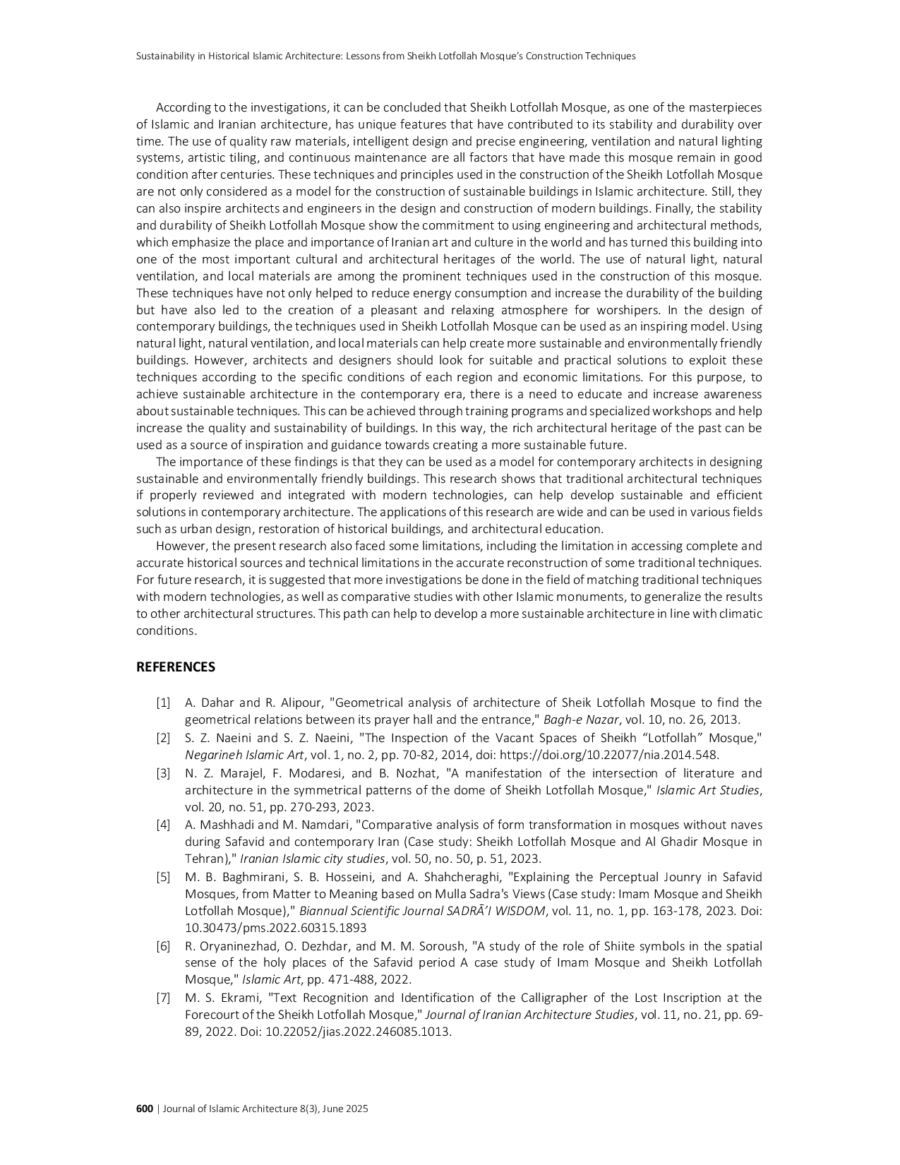 JURIS Sustainability in Historical Islamic Architecture Lessons from Sheikh Lotfollah Mosque s Construction Techniques