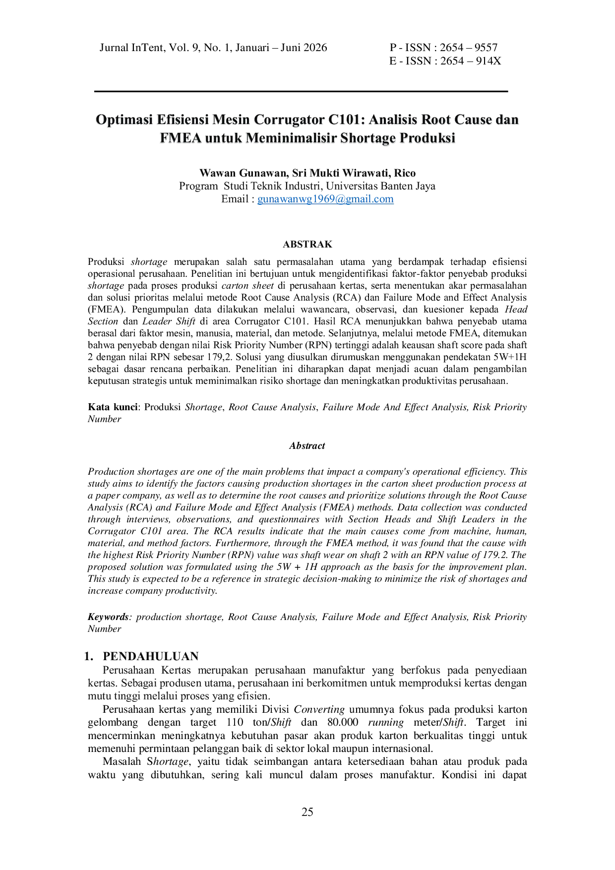 JURIS Optimasi Efisiensi Mesin Corrugator C101 Analisis Root Cause dan FMEA untuk Meminimalisir Shortage Produksi