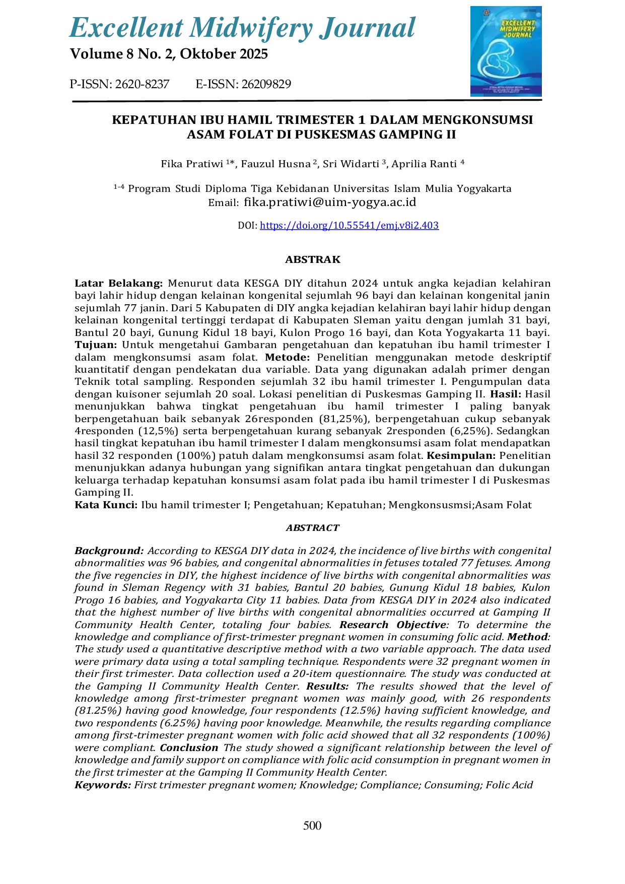 JURIS Kepatuhan Ibu Hamil Trimester 1 Dalam Mengkonsumsi Asam Folat Di Puskesmas Gamping II