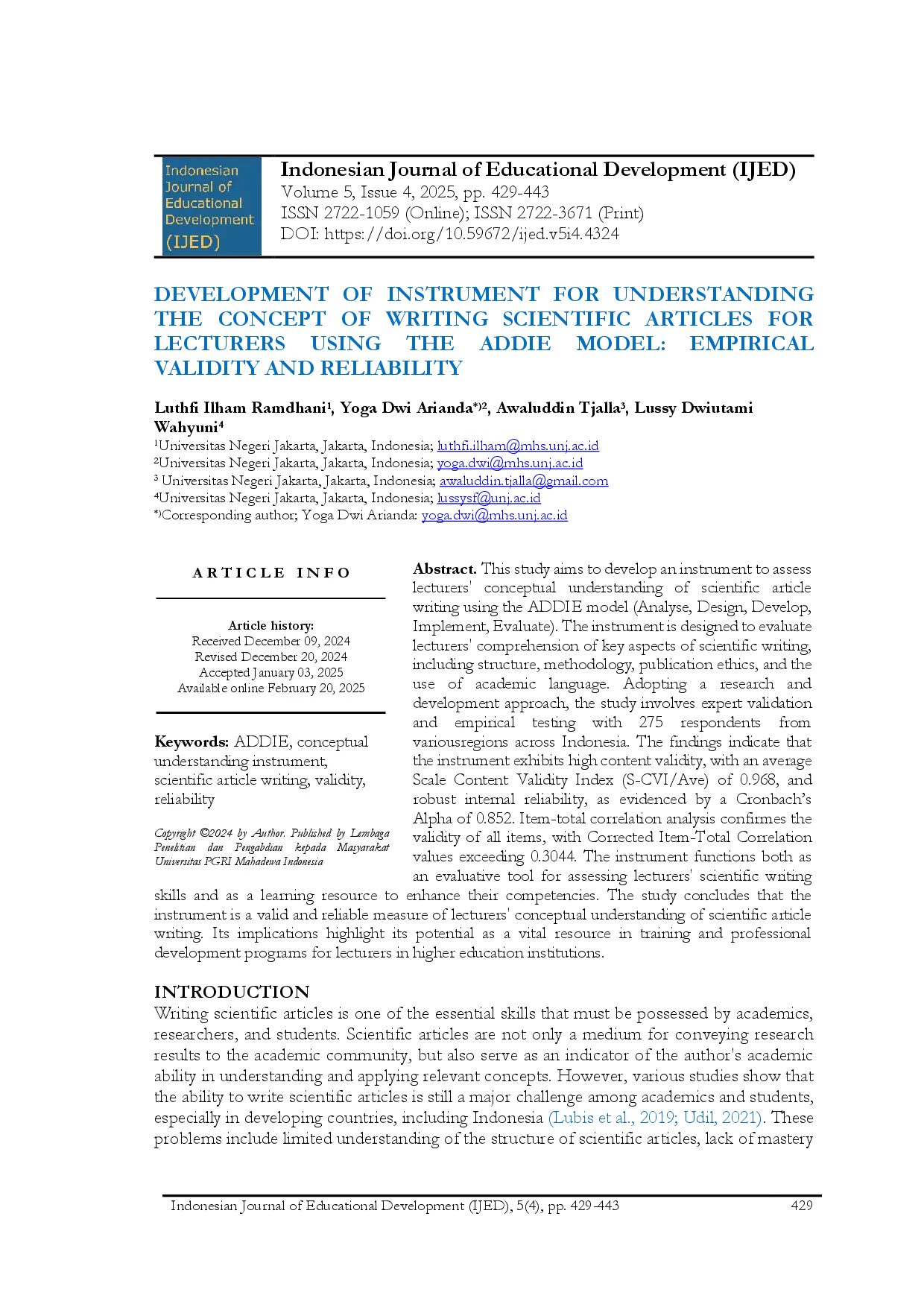 juris Development Of Instrument For Understanding The Concept Of Writing Scientific Articles For Lecturers Using The ADDIE Model Empirical Validity And Reliability
