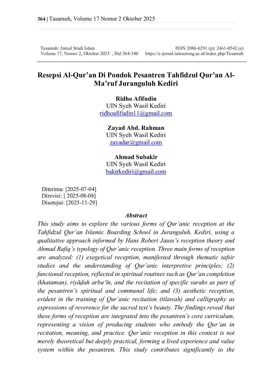 JURIS Resepsi Al Qur an Di Pondok Pesantren Tahfidzul Qur an Al Ma ruf Juranguluh Kediri